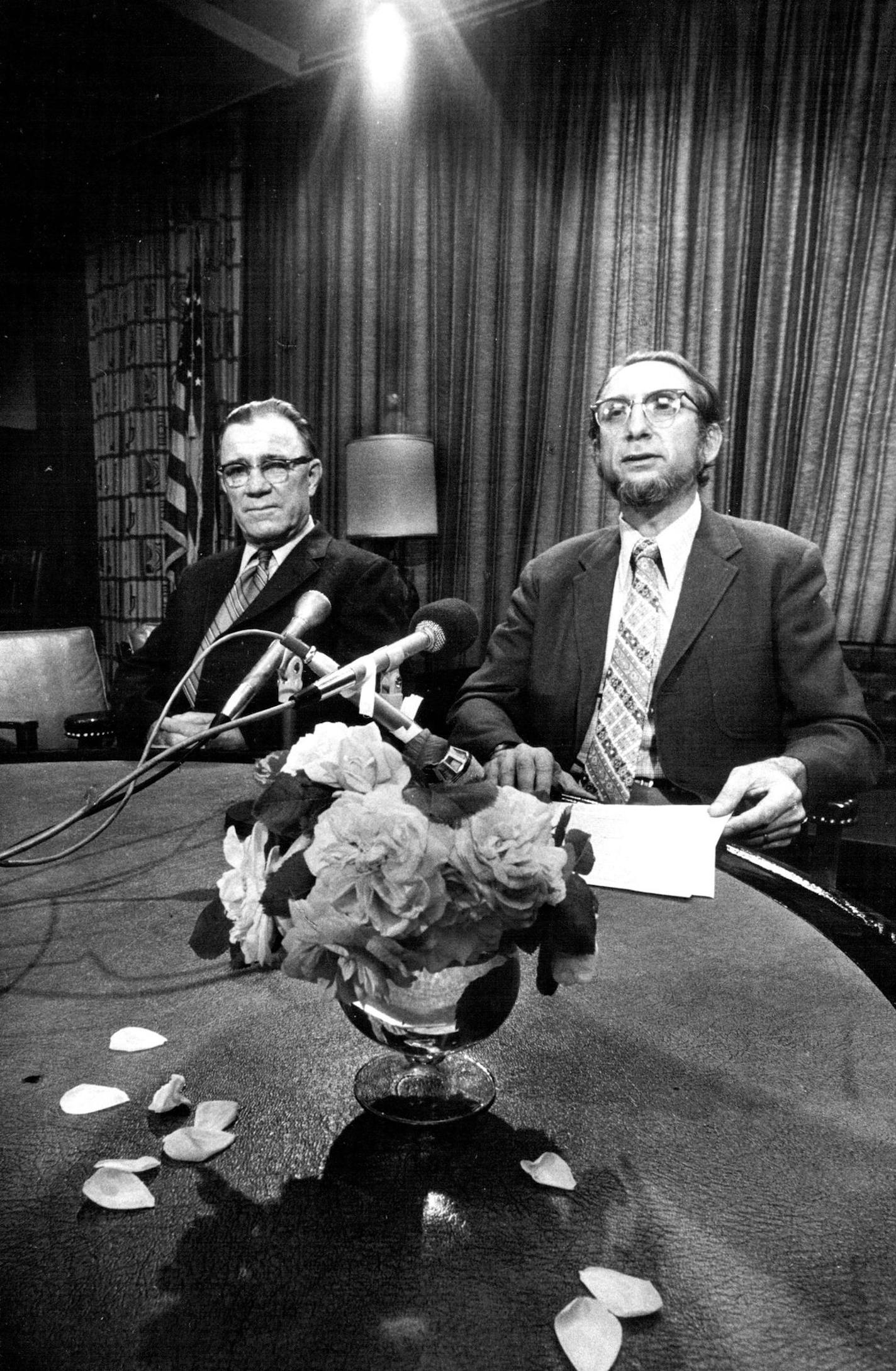 July 3, 1974 Communist Party announces candidates James H. Flower, left, and Erwin Marquit announced Tuesday that they will seek election to the state's top two offices as members of the Communist Party of Minnesota. Marquit, 48, the candidate for governor, is an associate professor of physics at the University of Minnesota and is acting chairperson of the party. Flower, 68, the candidate for lieutenant governor, is retired from the construction field and is the party's press director. Marquit a