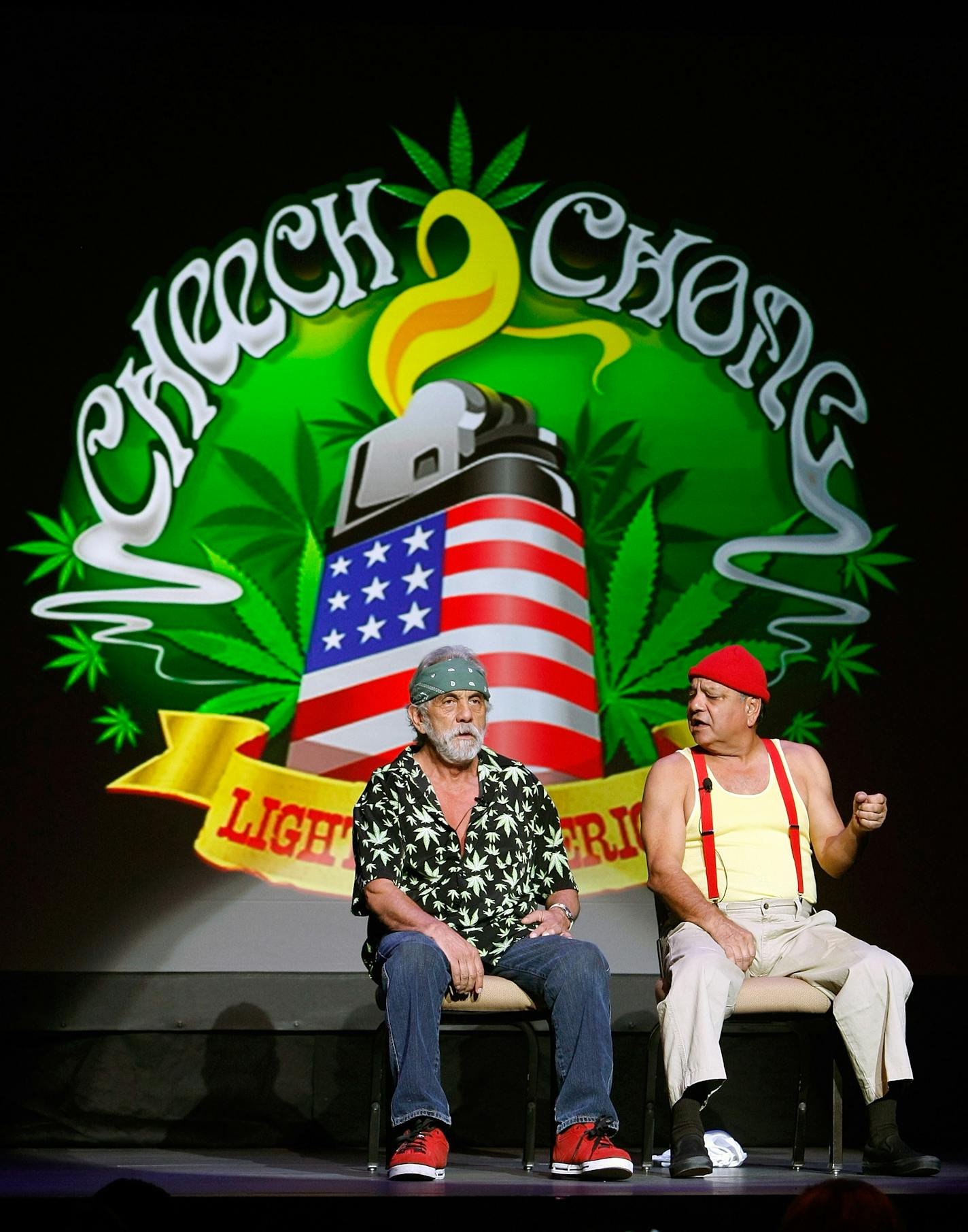 Tommy Chong (L) and Cheech Marin of the comedy duo Cheech & Chong perform at The Pearl concert theater at the Palms Casino Resort October 18, 2008 in Las Vegas, Nevada.