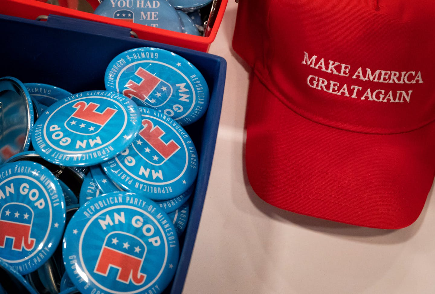 MNGOP buttons and MAGA hats at the second day of the Republican state convention in Duluth. ] GLEN STUBBE • glen.stubbe@startribune.com Saturday, June 2, 2018 Minnesota Democrats and Republicans alike endorse candidates for governor Sunday at their respective state conventions, the marquee fight in Minnesota's momentous election year. The GOP endorsement won't head off an August primary, with former Gov. Tim Pawlenty not competing for the party nod; the DFL will try to unite around one candidate