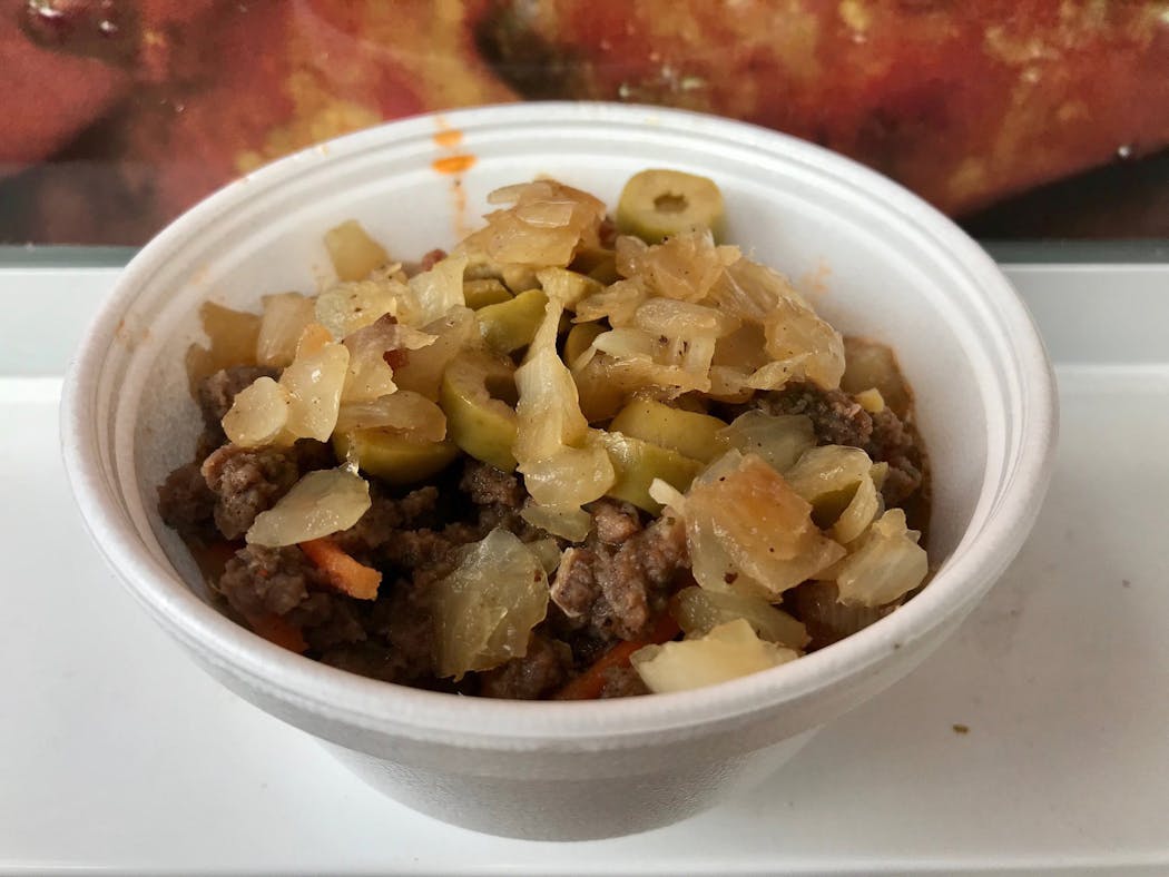 Moroccan Sausage Bowl, Sausage by Cynthia, Judson/Nelson, $7. Meh. Beef/lamb sausage with cumin-forward seasoning that bears a close resemblance to school cafeteria taco meat.Photo by Rick NelsonNew food at the Minnesota State Fair 2018