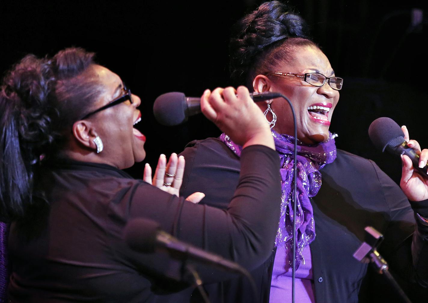 Sisters Jearlyn, left, and Jevetta Steele sing during the live broadcast. ] (Leila Navidi/Star Tribune) leila.navidi@startribune.com BACKGROUND INFORMATION: The live broadcast for "A Prairie Home Companion" at the State Theatre in Minneapolis on Saturday, May 21, 2016. This is Garrison Keillor's last season on "A Prairie Home Companion."