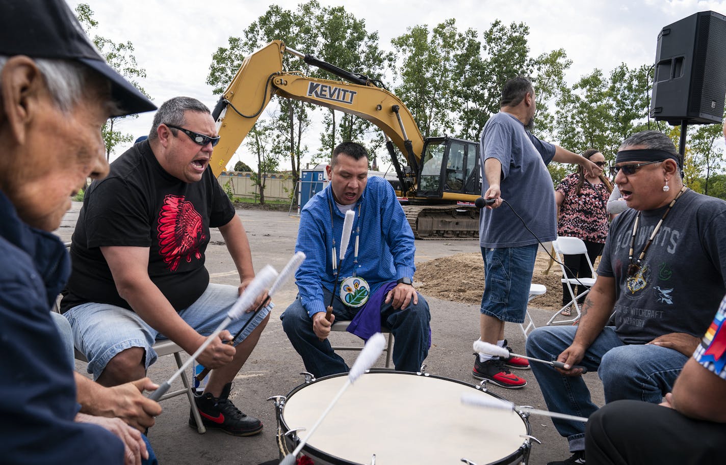 The Red Lake Singers drum and sing during the ceremony. From left is Chief Greeting Spears, Mike Thunder, Keith Bedeau, Virgil Blacklance, and Sam Strong. ] LEILA NAVIDI &#x2022; leila.navidi@startribune.com BACKGROUND INFORMATION: Groundbreaking ceremony for a new "deeply-affordable" housing development in Minneapolis on Saturday, September 14, 2019. The development, called Mino-bimaadiziwin, is a partnership between the City of Minneapolis and the Red Lake Nation, and stands at the site where