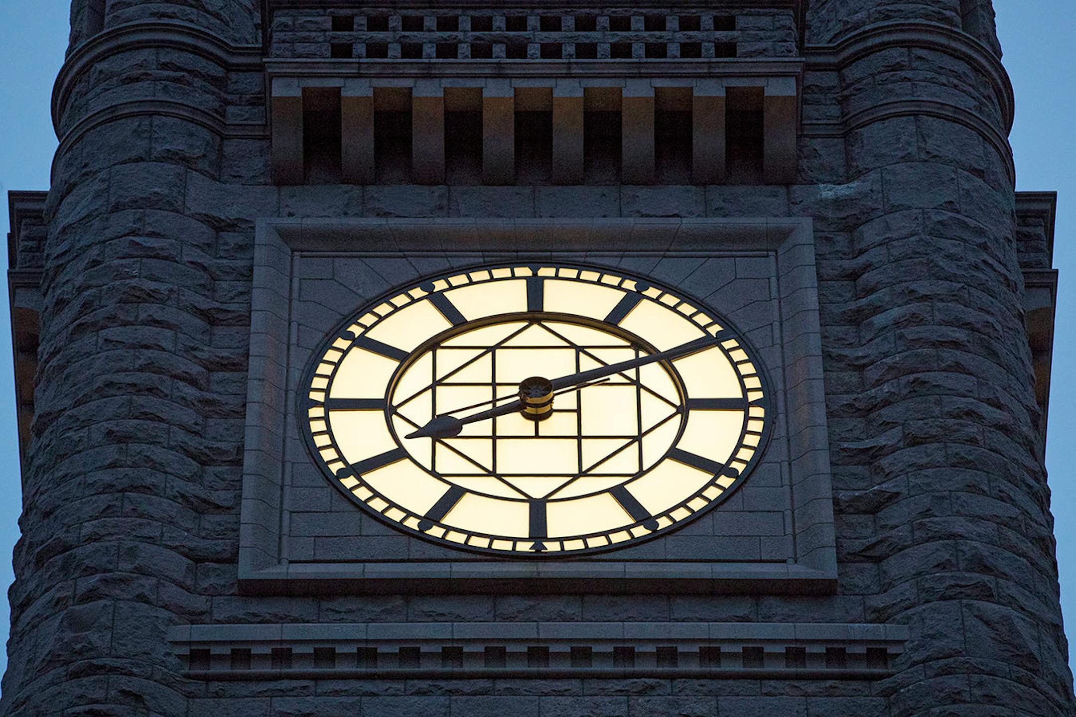 The renovated City Hall/Hennepin County Courthouse clock in Minneapolis.