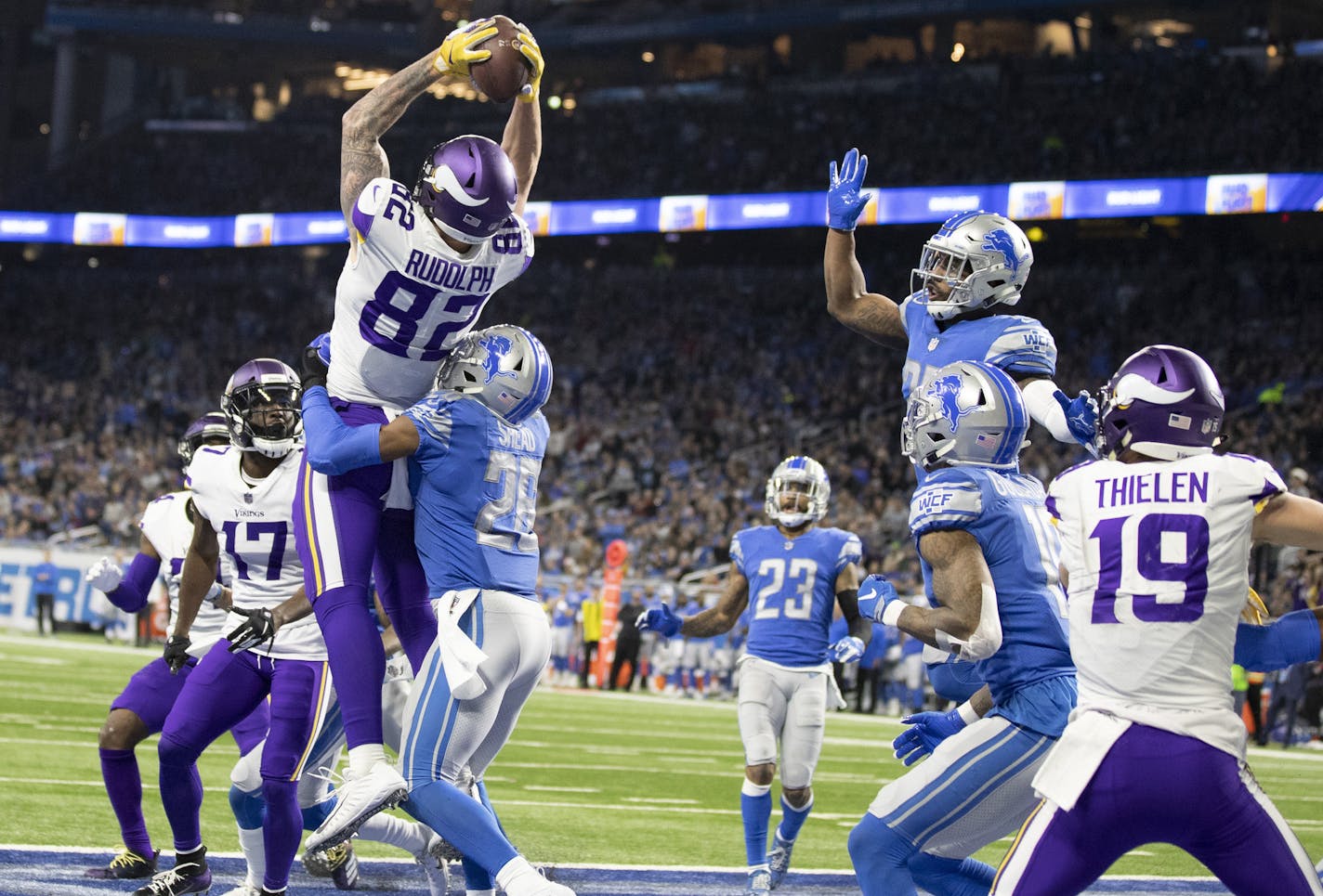 The last man not standing was Vikings tight end Kyle Rudolph, and that made snagging a 44-yard Hail Mary touchdown at the end of the first half in Detroit easier — and highly impactful.