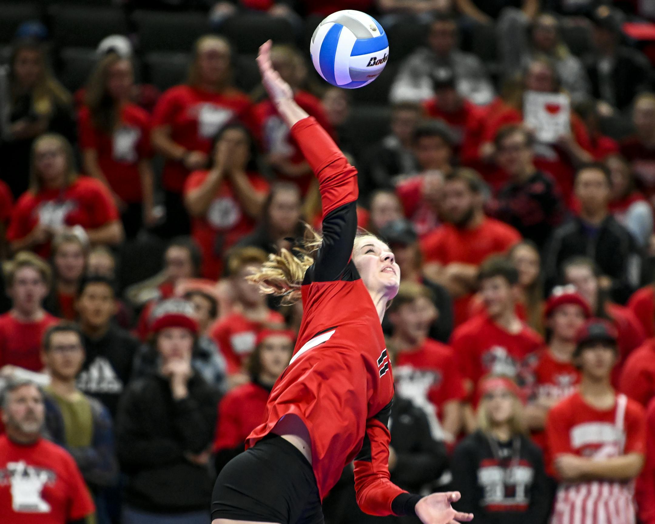 North Branch's Cianna Selbitschka (11) spiked the ball against Watertown-Mayer in the third set Thursday. ] Aaron Lavinsky • aaron.lavinsky@startribune.com Kasson-Mantorville played St. Paul Cathedral and North Branch played Watertown-Mayer in the Class 2A volleyball quarterfinals on Thursday, Nov. 8, 2018 at the Xcel Energy Center in St. Paul, Minn.