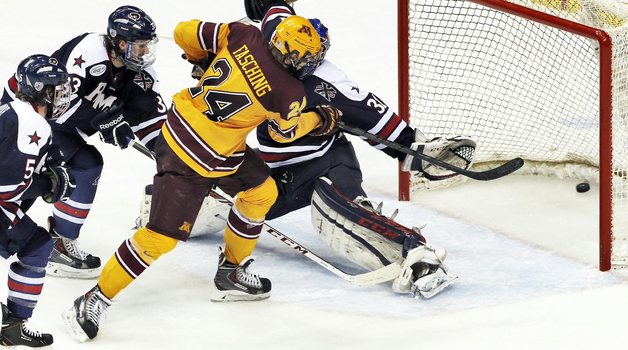 Gophers Hudson Fasching scored a goal in third period action. ] Minnesota Gophers vs. Robert Morris Colonials West Regional Hockey Tournament. (MARLIN LEVISON/STARTRIBUNE(mlevison@startribune.com)