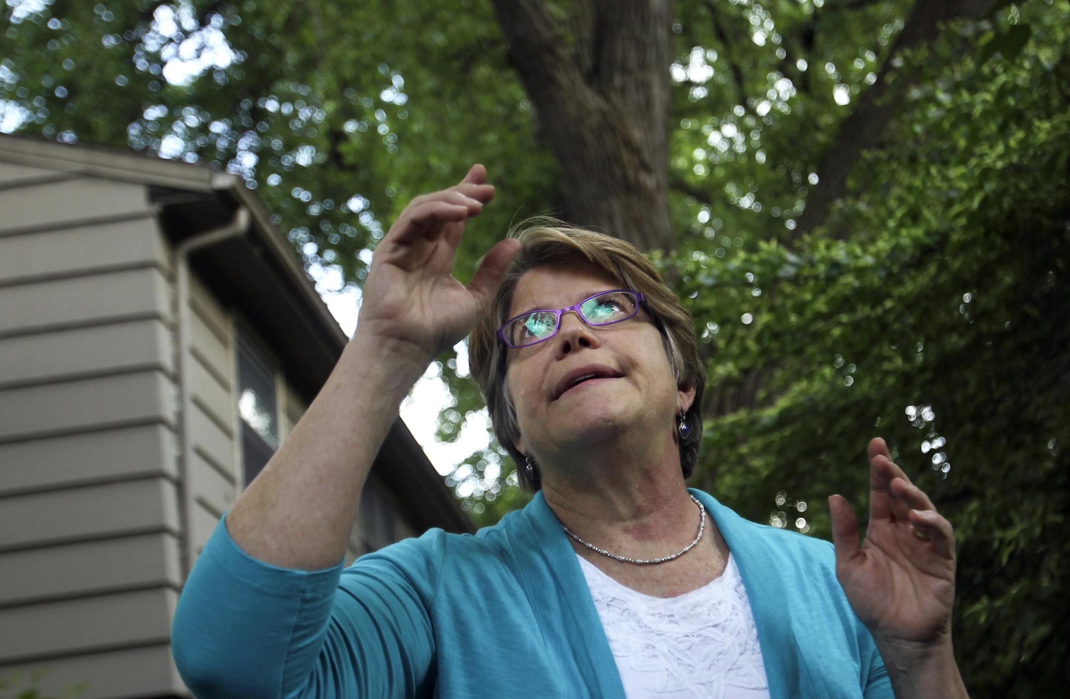 Melissa Avery lives in southwest Minneapolis on Irving Ave. S. and is hoping her block becomes eligible for subsidized sound-proofing due to heavy air traffic. She was photographed outside her home looking at passing air traffic before a gathering on her patio with neighbors Friday, June 7, 2013, in Minneapolis, MN.](DAVID JOLES/STARTRIBUNE) djoles@startribune.com With air traffic predicted to climb at Minneapolis-St. Paul International Airport, surrounding cities are demanding that more homes b