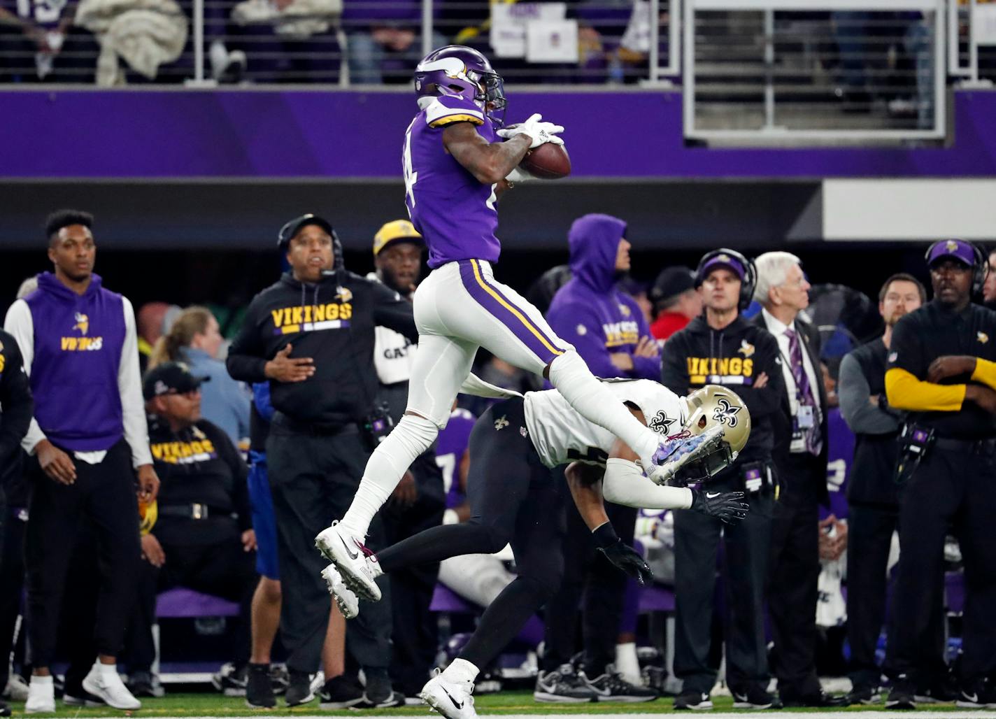 Vikings wide receiver Stefon Diggs made the catch that became known as the "Minneapolis Miracle" over Saints free safety Marcus Williams, on his way to the game-winning touchdown in last season's NFC divisional round playoff victory.