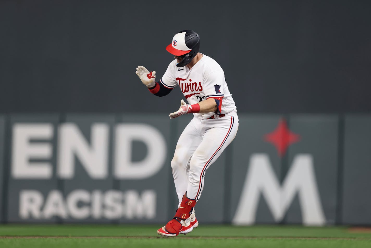 Minnesota Twins' Ryan Jeffers reacts after hitting a single against the Texas Rangers during the seventh inning of a baseball game Friday, Aug. 25, 2023, in Minneapolis. (AP Photo/Stacy Bengs)