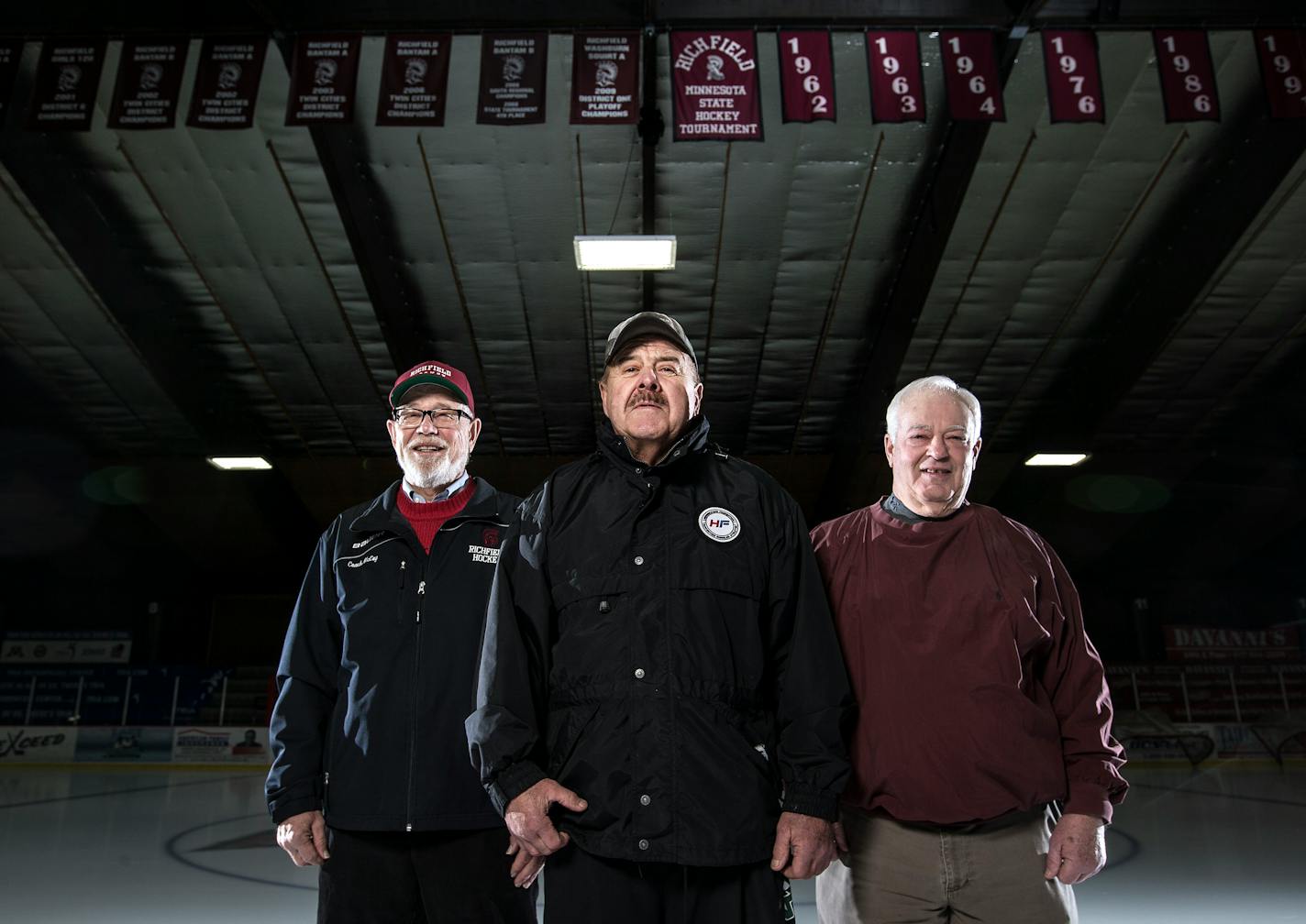 Jake McCoy, Larry Hendrickson and Mike Thomas photographed at the Richfield Ice Arena.