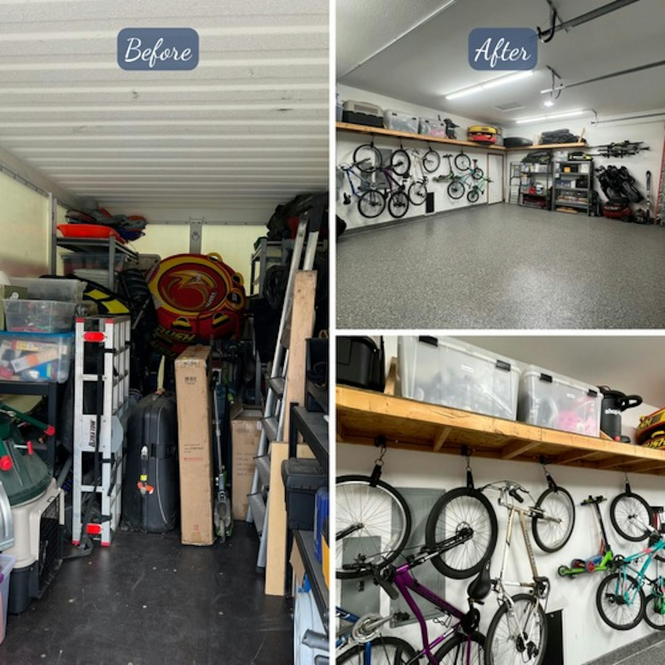 A photo to the left shows a cluttered space. A photo on the right shows the same space organized.