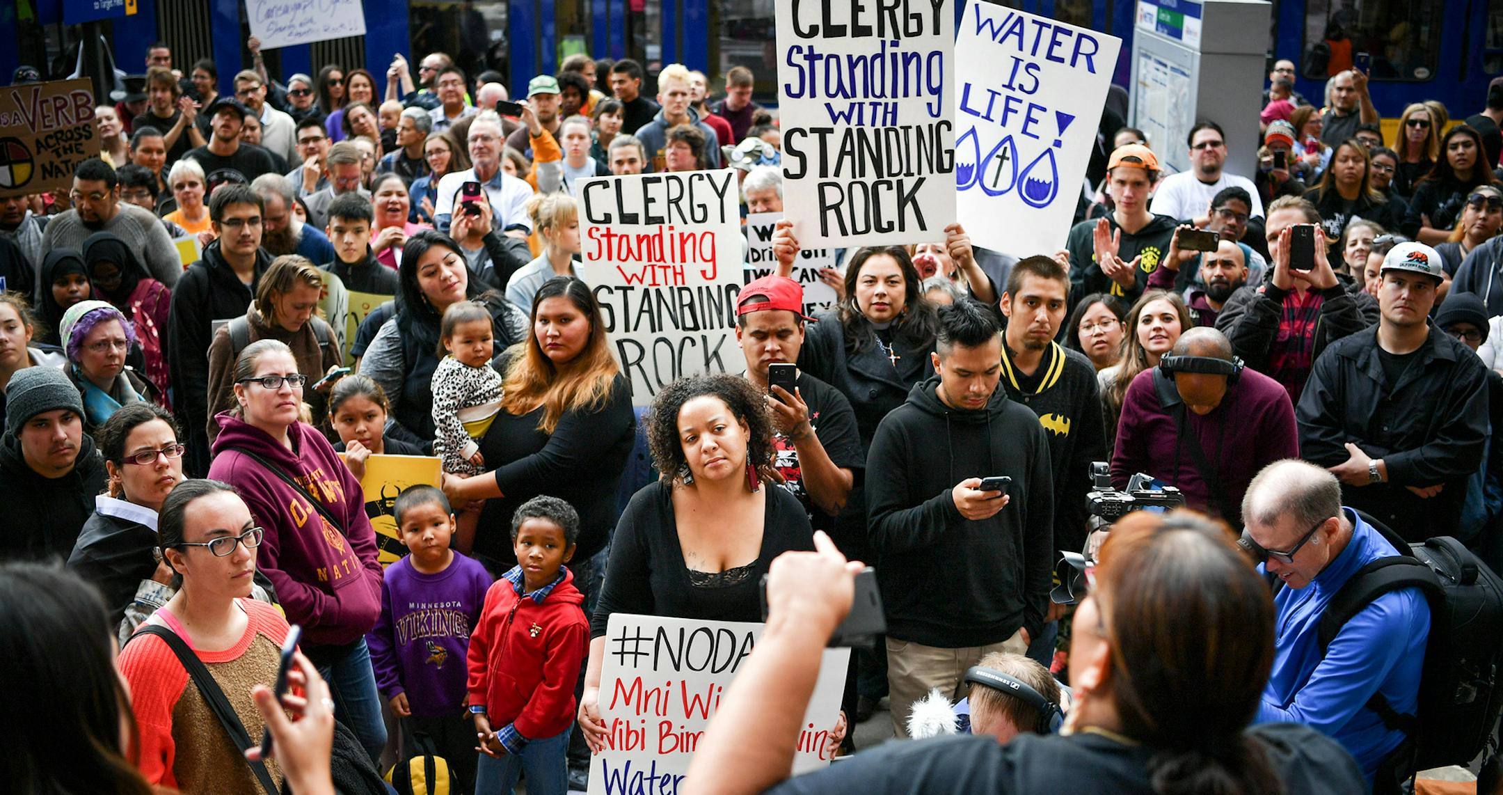 Protesters outside Minneapolis City Hall were angered that Hennepin County Sheriff deputies were participating in Standing Rock where Native People are fighting the pipeline. ] GLEN STUBBE * gstubbe@startribune.com Friday, October 28, 2016 ORG XMIT: MIN1610281705330288