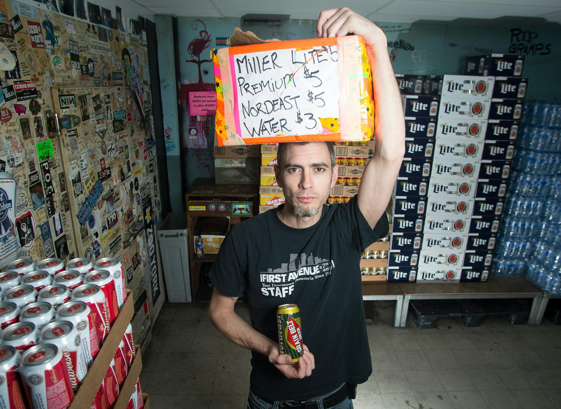 Bryan Erickson is pictured with his trusty box, which he says he has sold beer out of for more than six hundred and fifty shows at First Avenue. ] AARON LAVINSKY • aaron.lavinsky@startribune.com Bryan Erickson is a "caser," the guy who carries a cardboard box full of beer through the crowd at First Avenue during concerts and sells beers for $5 a piece. He's carried the lead singer of The Darkness on his shoulders, handed Ani DiFranco a Nordeast, and earned $300 in tips at a Soul Asylum sh