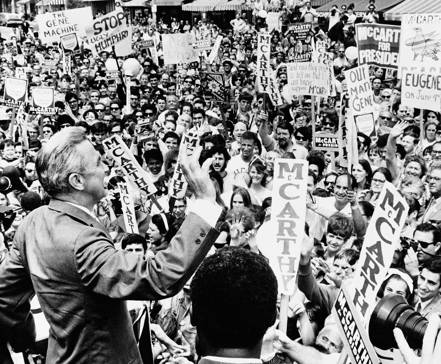 Sen. Eugene McCarthy, D-Minn., spoke at a Los Angeles rally in May 1968. He emerges as the hero of "Playing With Fire."