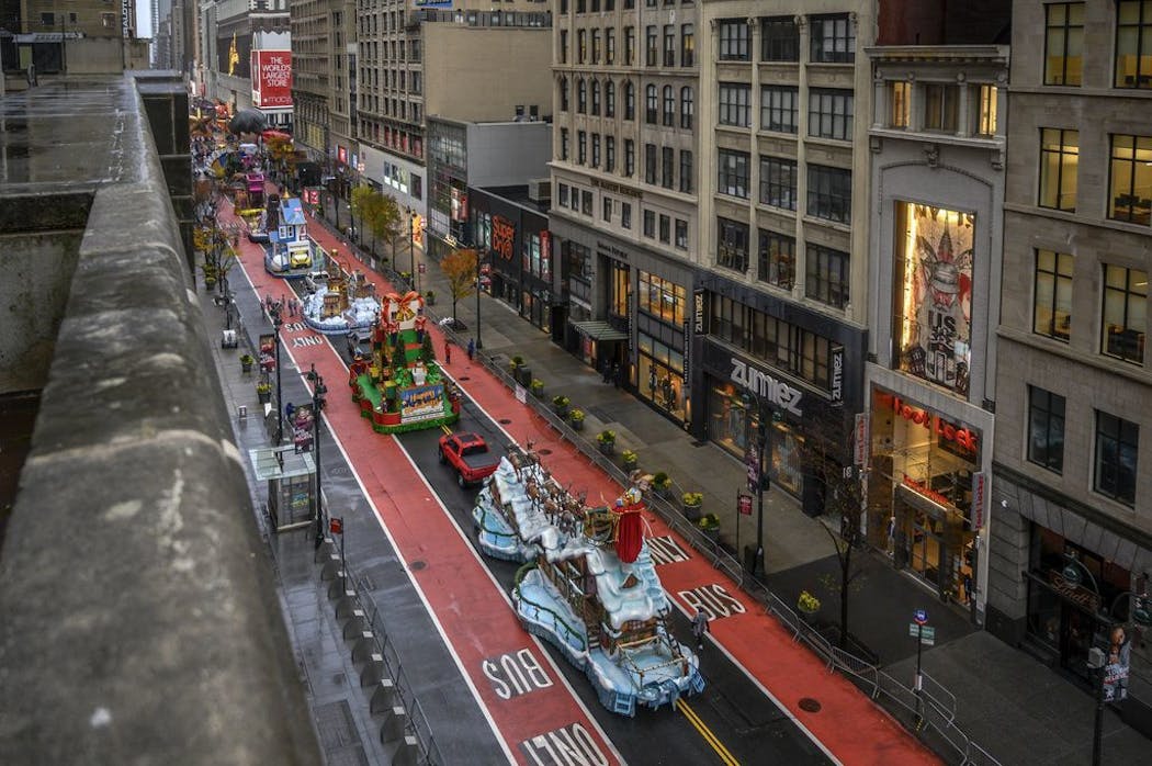 Floats lined up ahead of the Macy's Thanksgiving Day Parade in New York, Nov. 26, 2020.