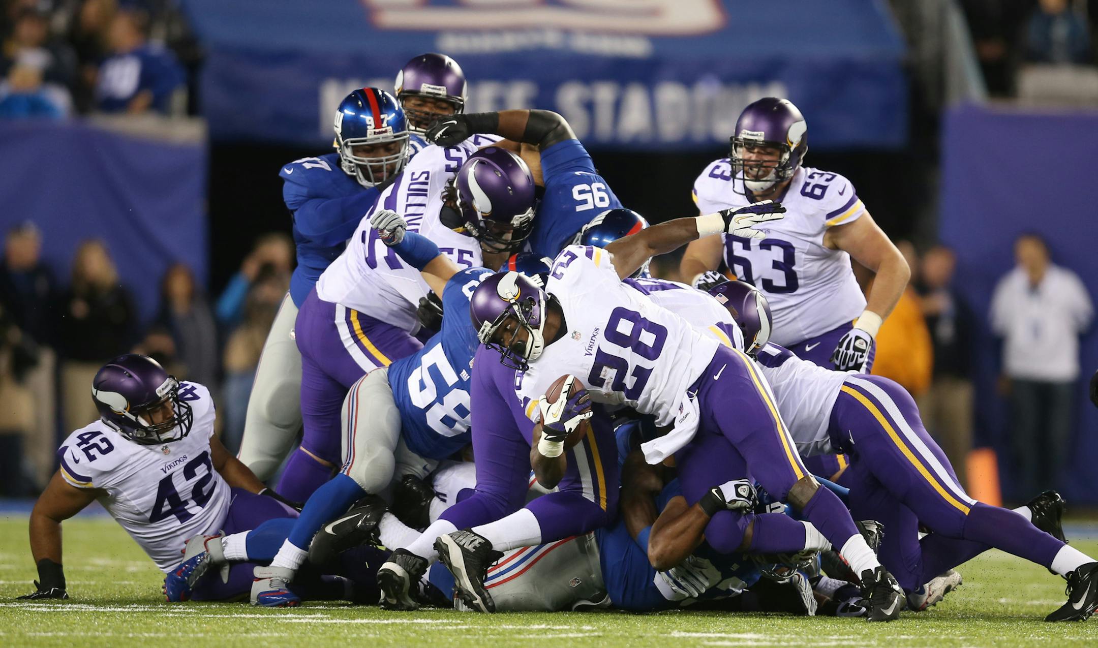 Vikings running back Adrian Peterson was stopped at the line of scrimmage in the second quarter. ] Minnesota Vikings and New York Giants - MetLife Stadium in East Rutherford, New Jersey. MCKENNA EWEN &#xb7; mckenna.ewen@startribune.com Minneapolis, Minn. - 10/21/2013