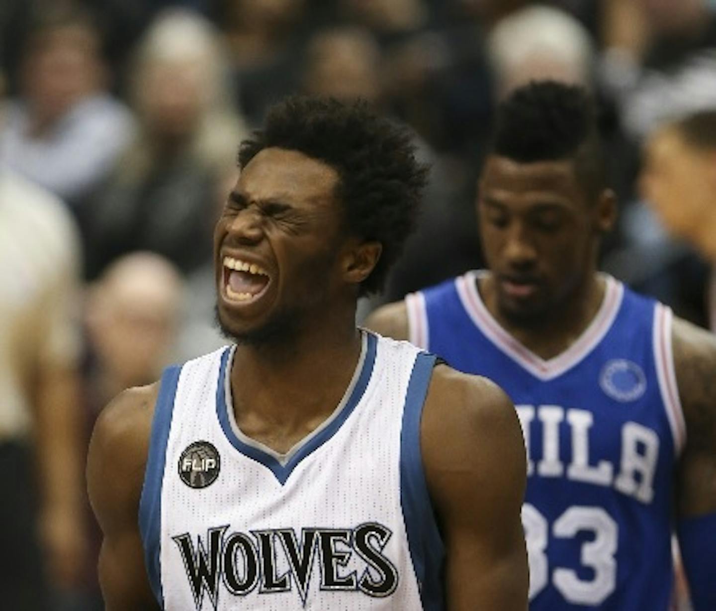 Timberwolves guard/forward Andrew Wiggins reacted after he was fouled in the fourth quarter during Minnesota's 100-95 victory over Philadelphia at Target Center on Monday night.