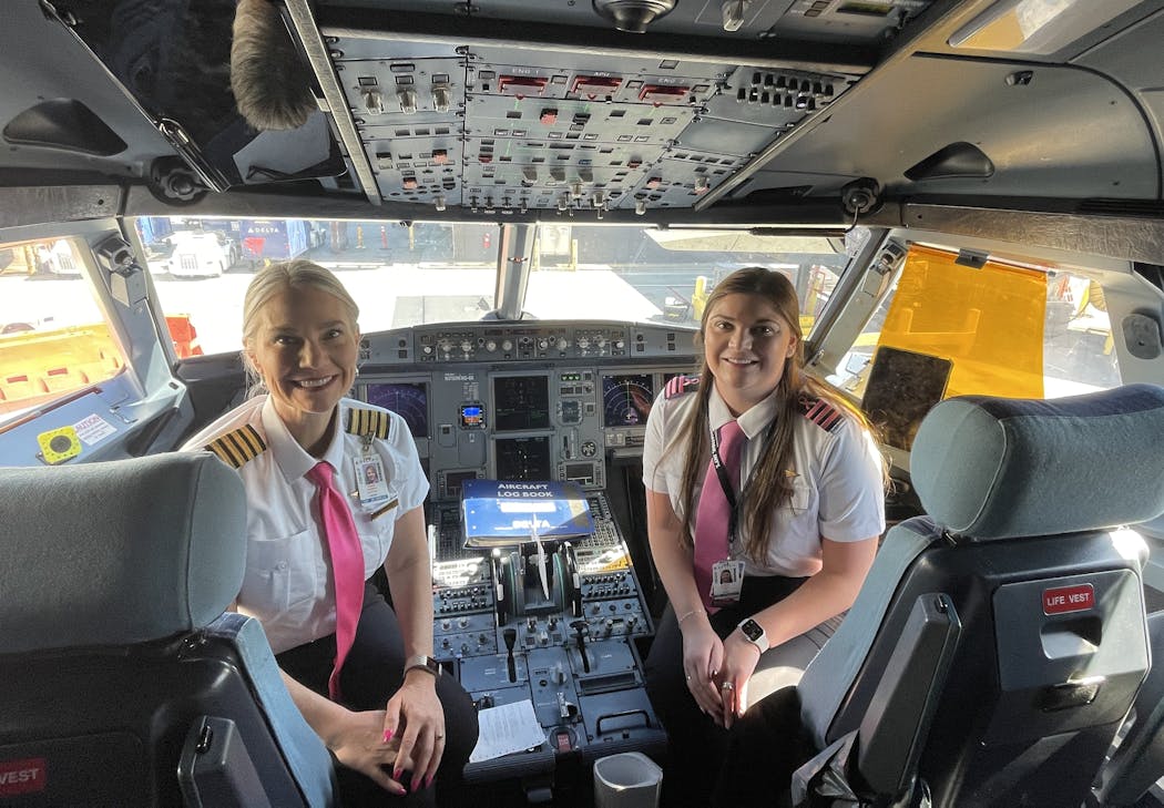 When she launched her career 30 years ago, Cherise “Cheri” Morley Rohlfing, left, often was the lone female in aviation classes. But now she often shares the cockpit with other women, including First Officer Morgan Vejr.