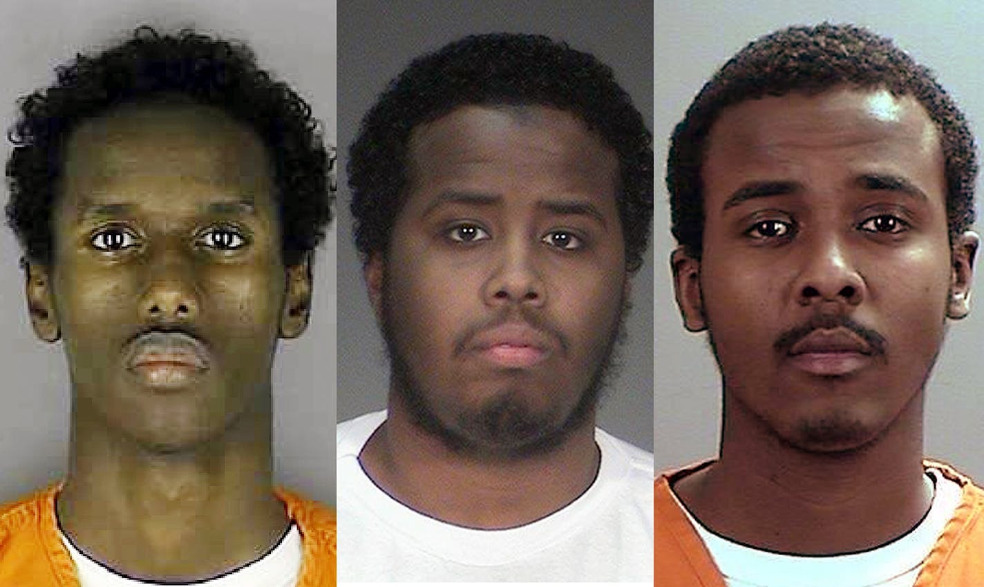 Defendants in the Minneapolis ISIS trial are, from left, Abdirahman Yasin Daud, Mohamed Farah, Guled Omar