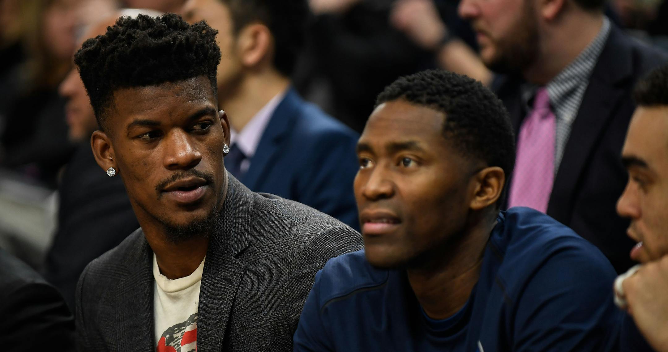 Minnesota Timberwolves guard Jimmy Butler (23) and guard Jamal Crawford (11) sat out Saturday night's game against Toronto with injuries. ] AARON LAVINSKY ï aaron.lavinsky@startribune.com The Minnesota Timberwolves played the Toronto Raptors on Saturday, Jan. 20, 2018 at Target Center in Minneapolis, Minn.