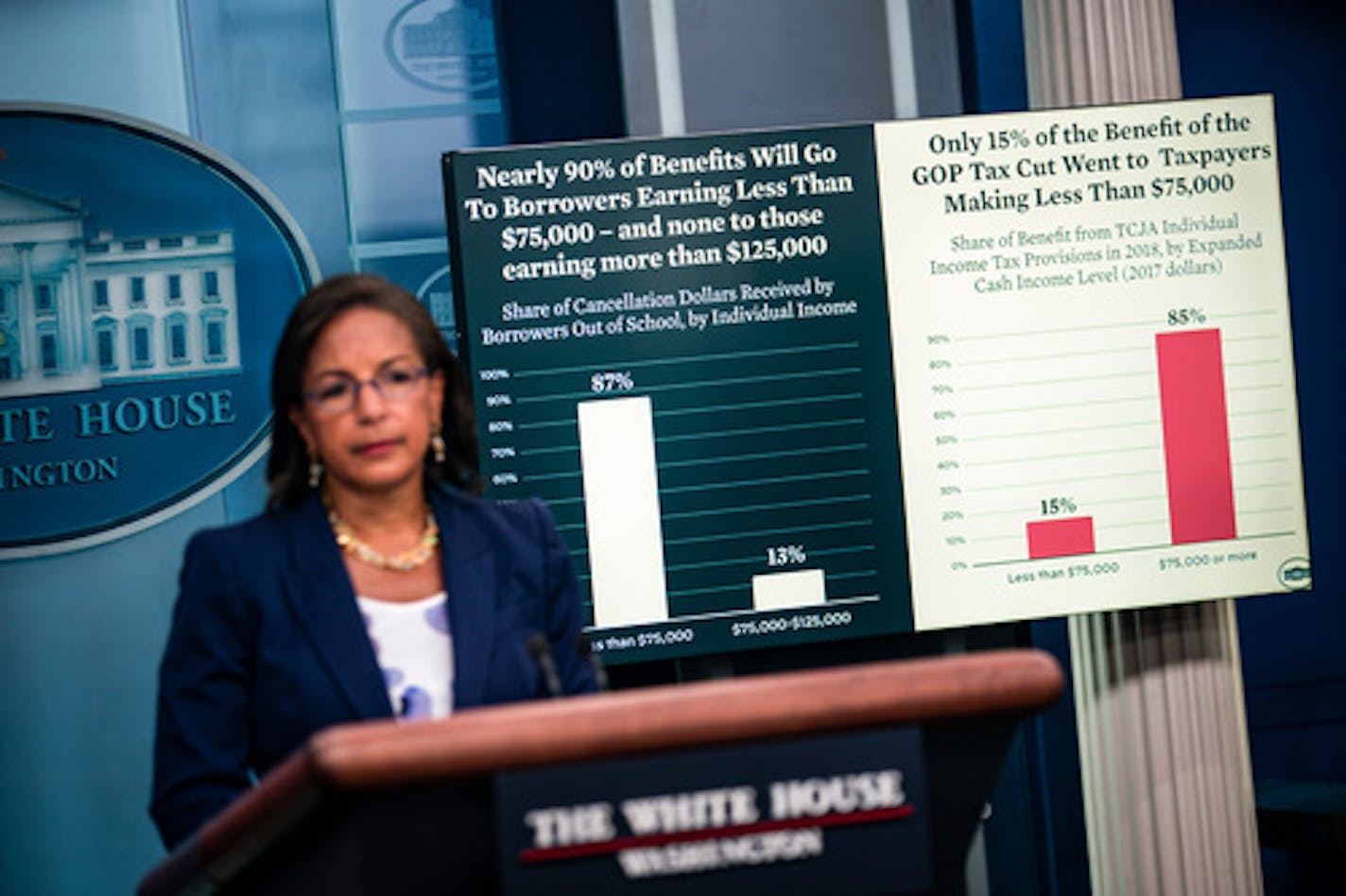 White House domestic policy advisor Susan Rice speaks during a press briefing at the White House in Washington on Wednesday, Aug. 24, 2022. President Biden announced student loan debt relief on Wednesday for tens of millions of Americans, saying he would cancel $10,000 in debt for those earning less than $125,000 per year and $20,000 for those who had received Pell grants for low-income students. (Al Drago/The New York Times)