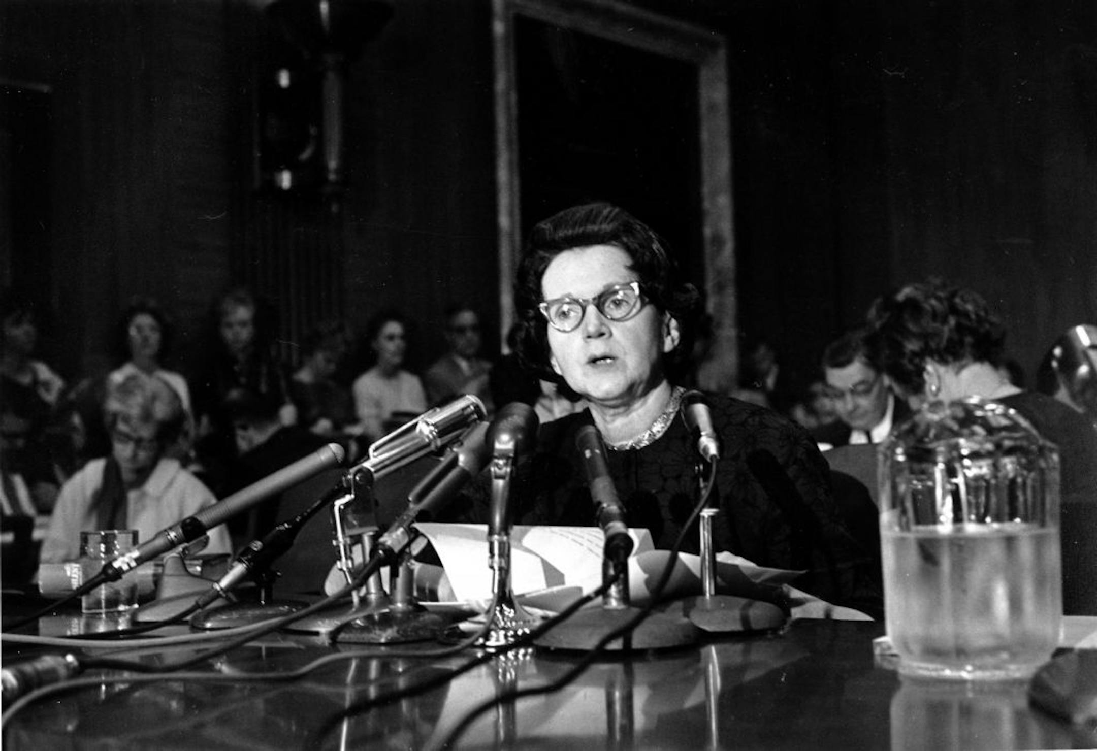 Activist and author Rachel Carson, whose book "Silent Spring" led to a study of pesticides, testifies before a Senate Government Operations Subcommittee in Washington, D.C. on June 4, 1963. Carson urged Congress to curb the sale of chemical pesticides and aerial spraying.