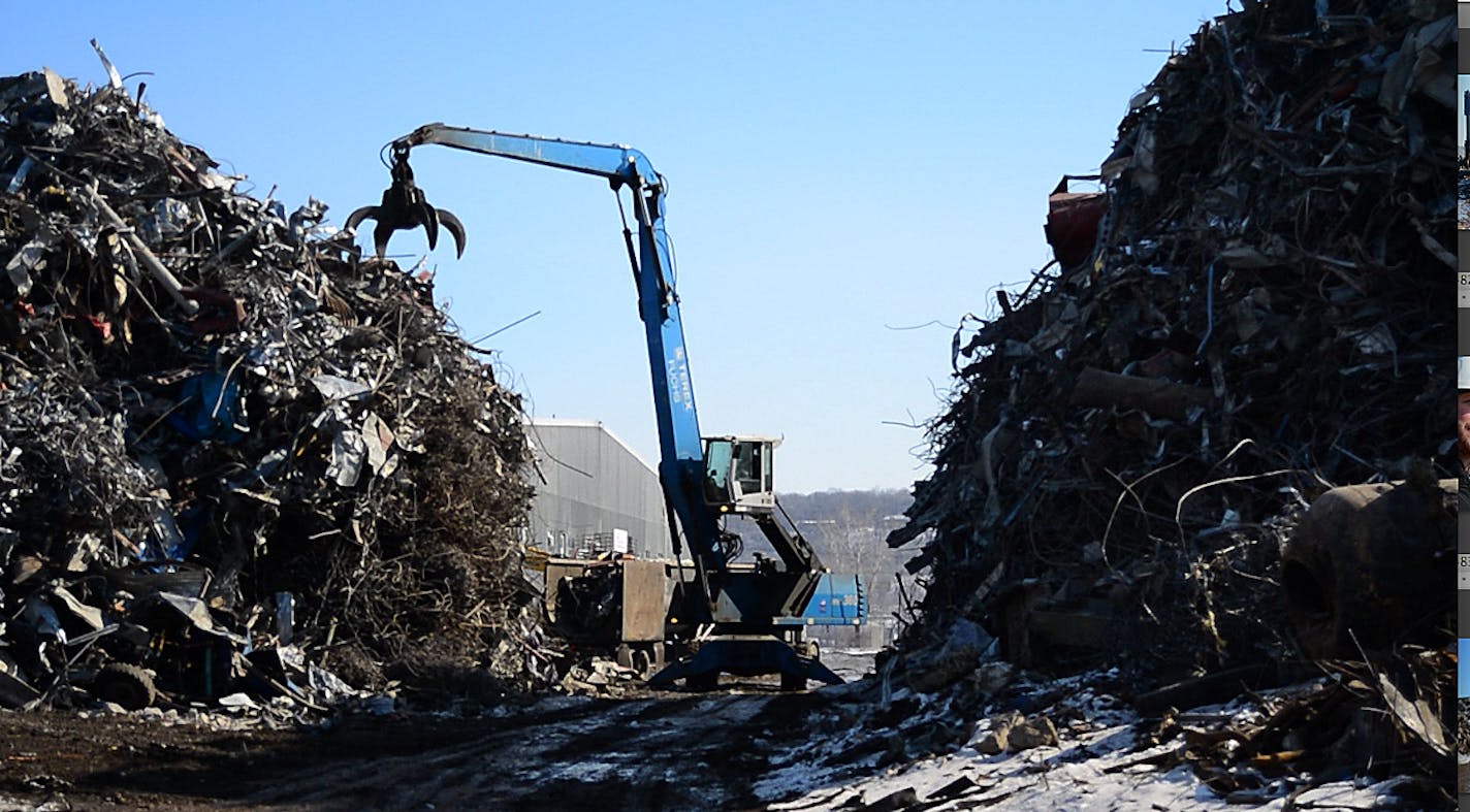 This pile of steel 6 stories high that has been reclaimed from the demolition of the Metrodome. ].The construction materials are being recycled from the Metrodome's demolition, mostly steel, concrete and soil. AMG Alliance Co is recycling iron rebar and steel from the Dome Richard.Sennott@startribune.com Richard Sennott/Star Tribune Minneapolis, Minn. Thursday 3/20/2014) ** (cq)