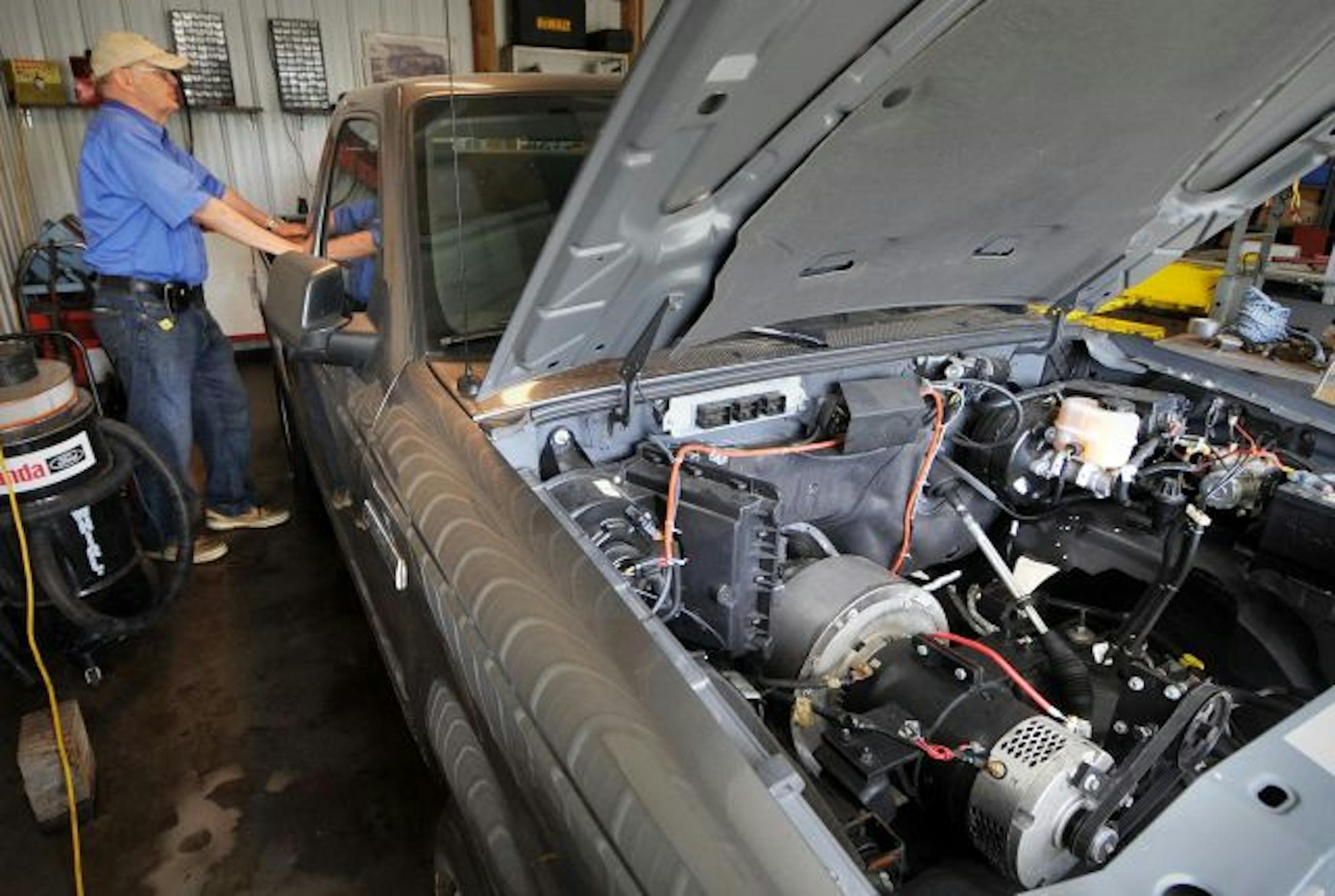Inventor Bob Albertson has over 200 patents in his name for things like the pulsating shower massager, electric trolling motor, string yard trimmer, and electric coffee maker. He's created an electric transmission, installed in this Ford Ranger piickup truck, which he thinks can save the St. Paul Ford plant.