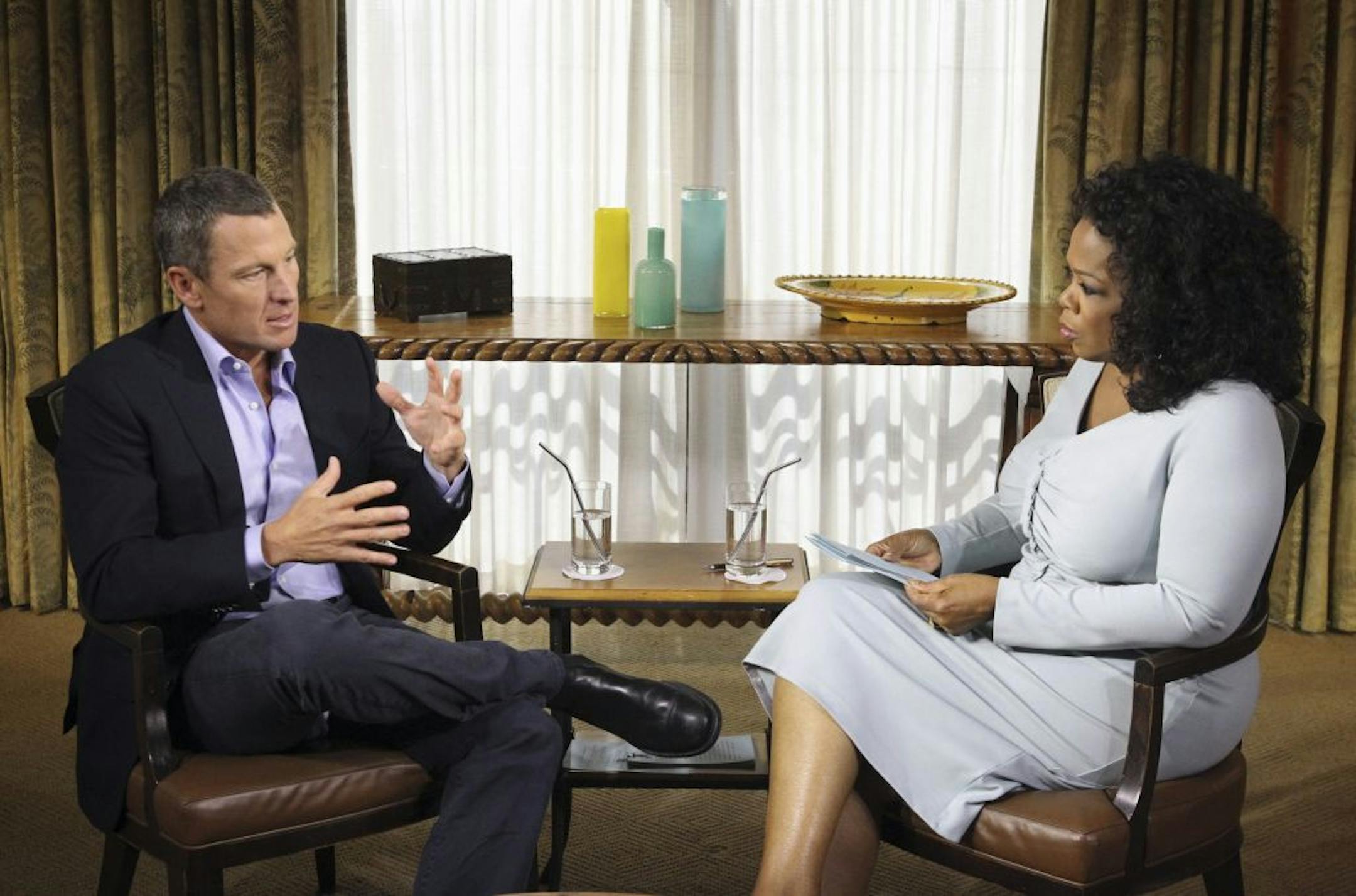 Oprah Winfrey interviewed disgraced cyclist Lance Armstrong on Monday during taping for the show that airs Thursday and Friday.