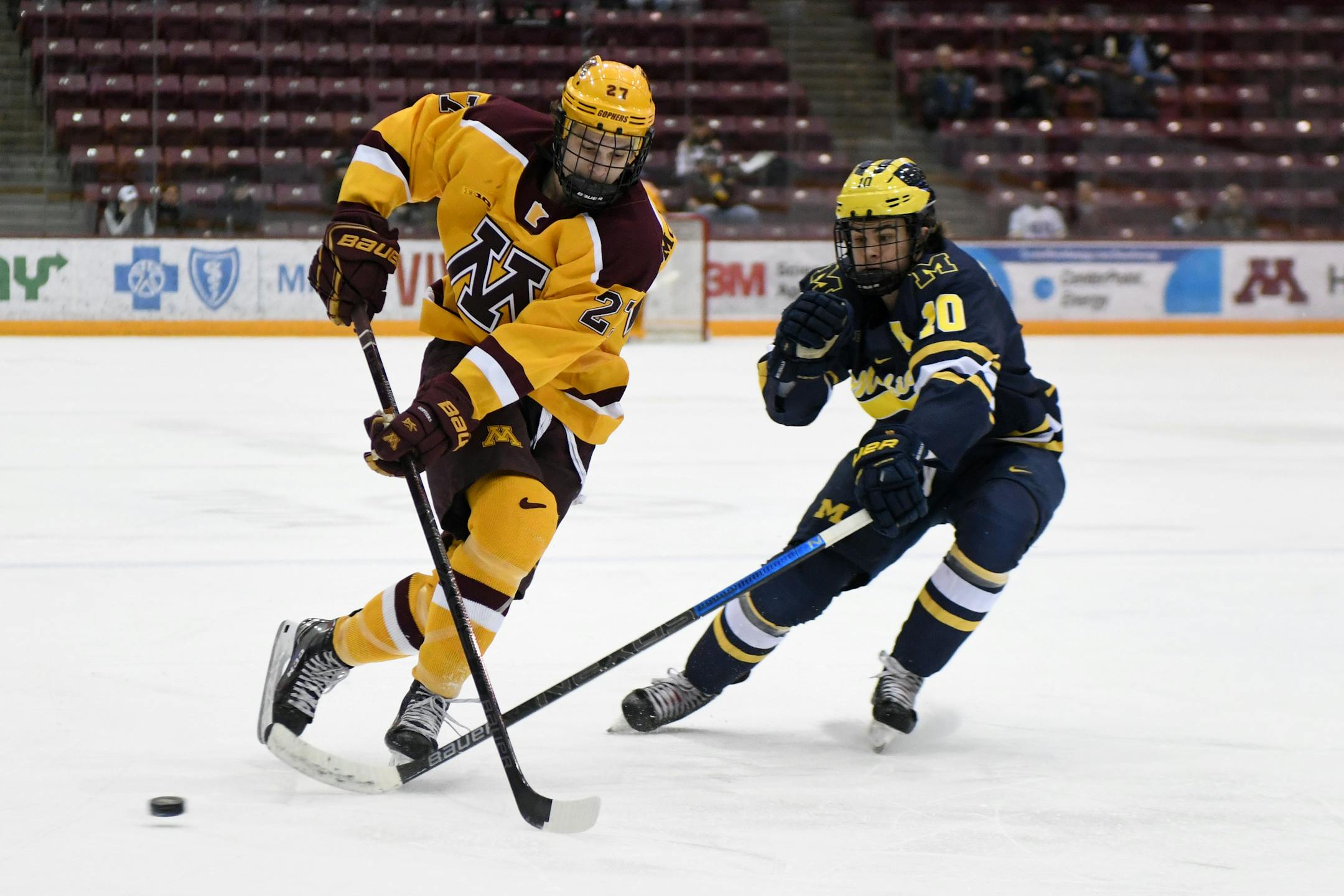 A goal by sophomore forward Blake McLaughlin (shown last season against Michigan) midway through the third period gave the Gophers a 4-3 comeback victory over Colorado College on Saturday night.