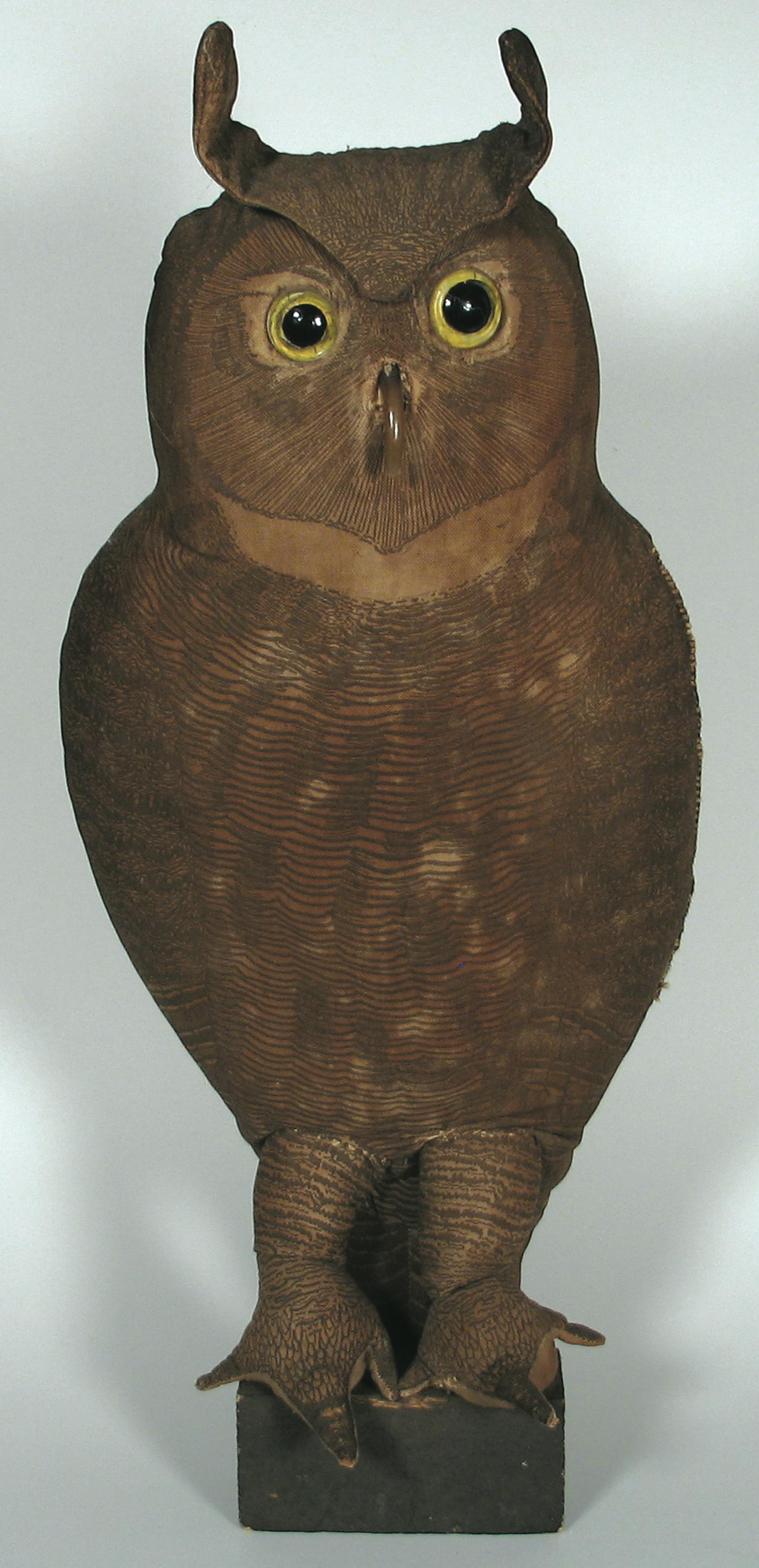 Herter's Ture to Life owl, a canvas stuffed body with glass eyes and bear claw beak, from the 1940s. Photo courtsey Doug Lodermeier