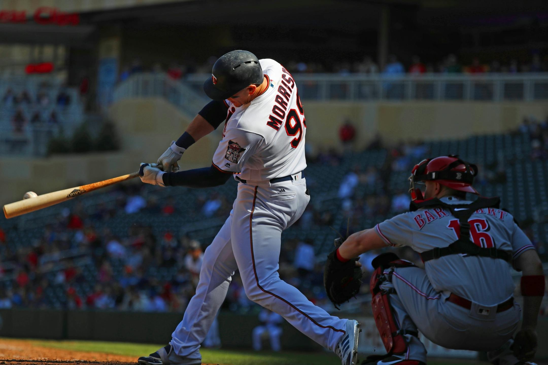 Logan Morrison(99) doubles in the 9th inning.