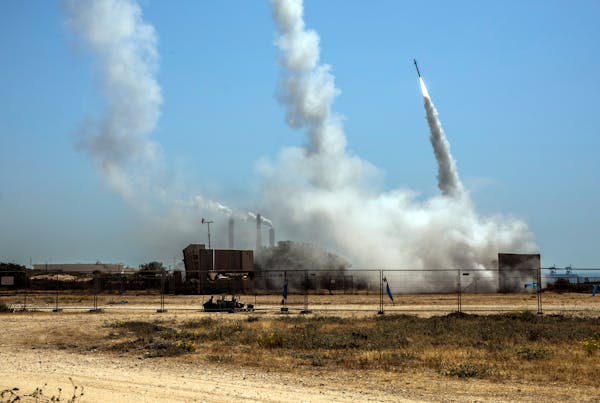 Israel’s anti-missile system in Ashkelon, Israel intercepting rockets from Gaza on Wednesday, May 12, 2021. A new round of Israeli-Palestinian fight