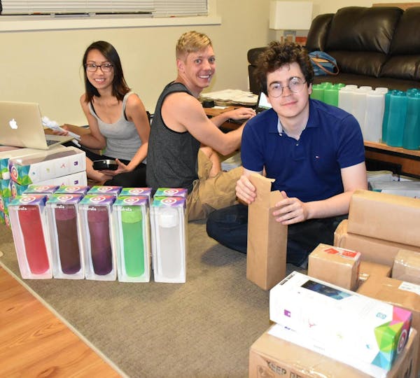 Three of the four HidrateMe founders filled orders from an apartment last year. With Nadya Nguyen are Cole Iverson (middle) and Alexander Hambrock (ri