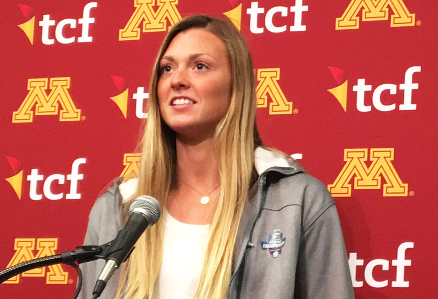 Molly Lohman, a senior leader for the Gophers volleyball team, spoke with the media about the team's No. 1 ranking on September 5, 2017, at the university. Star Tribune photo by Marcus Fuller