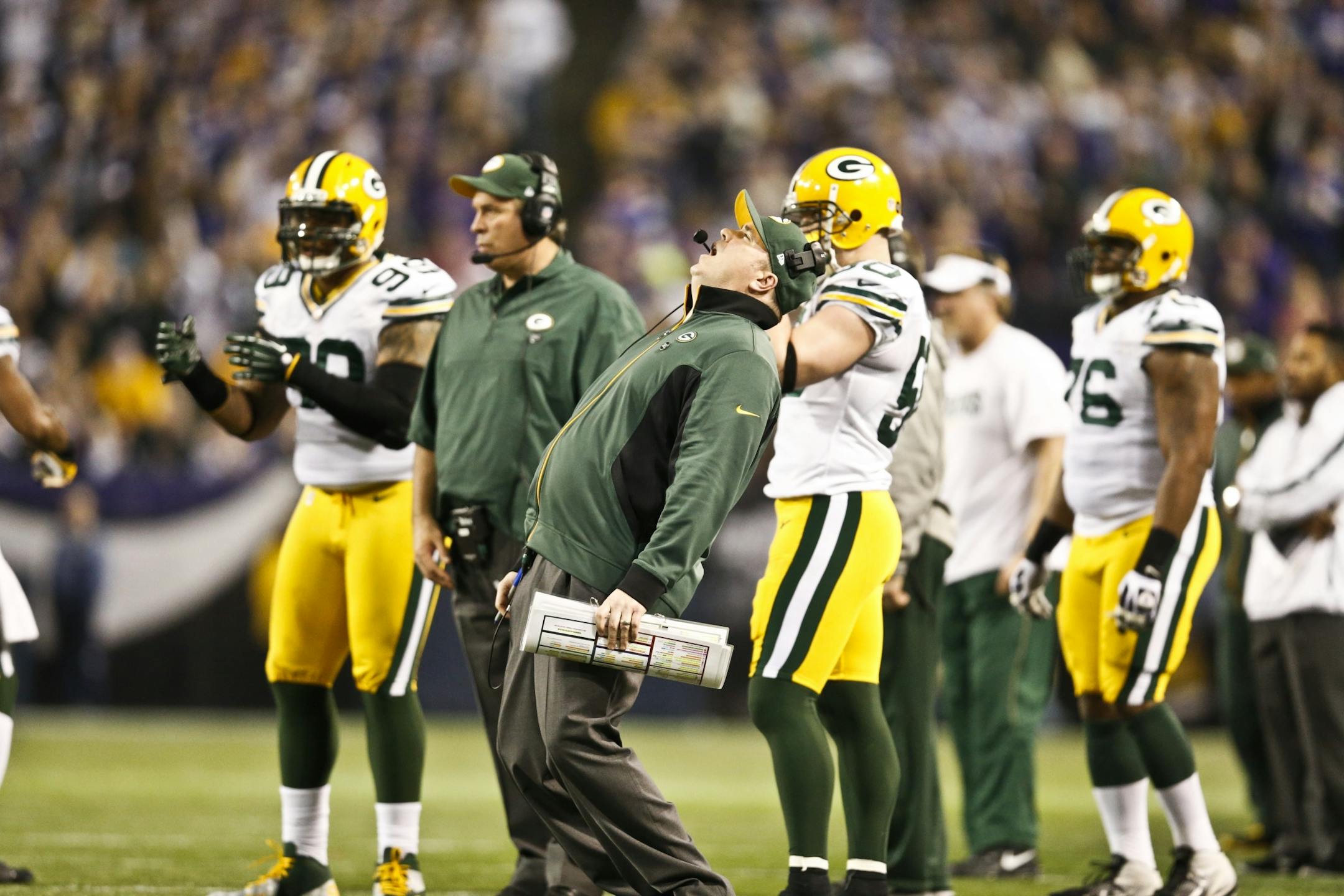 Green Bay coach Mike McCarthy reacted to a Packers penalty call in the third quarter Sunday at Mall of America Field.