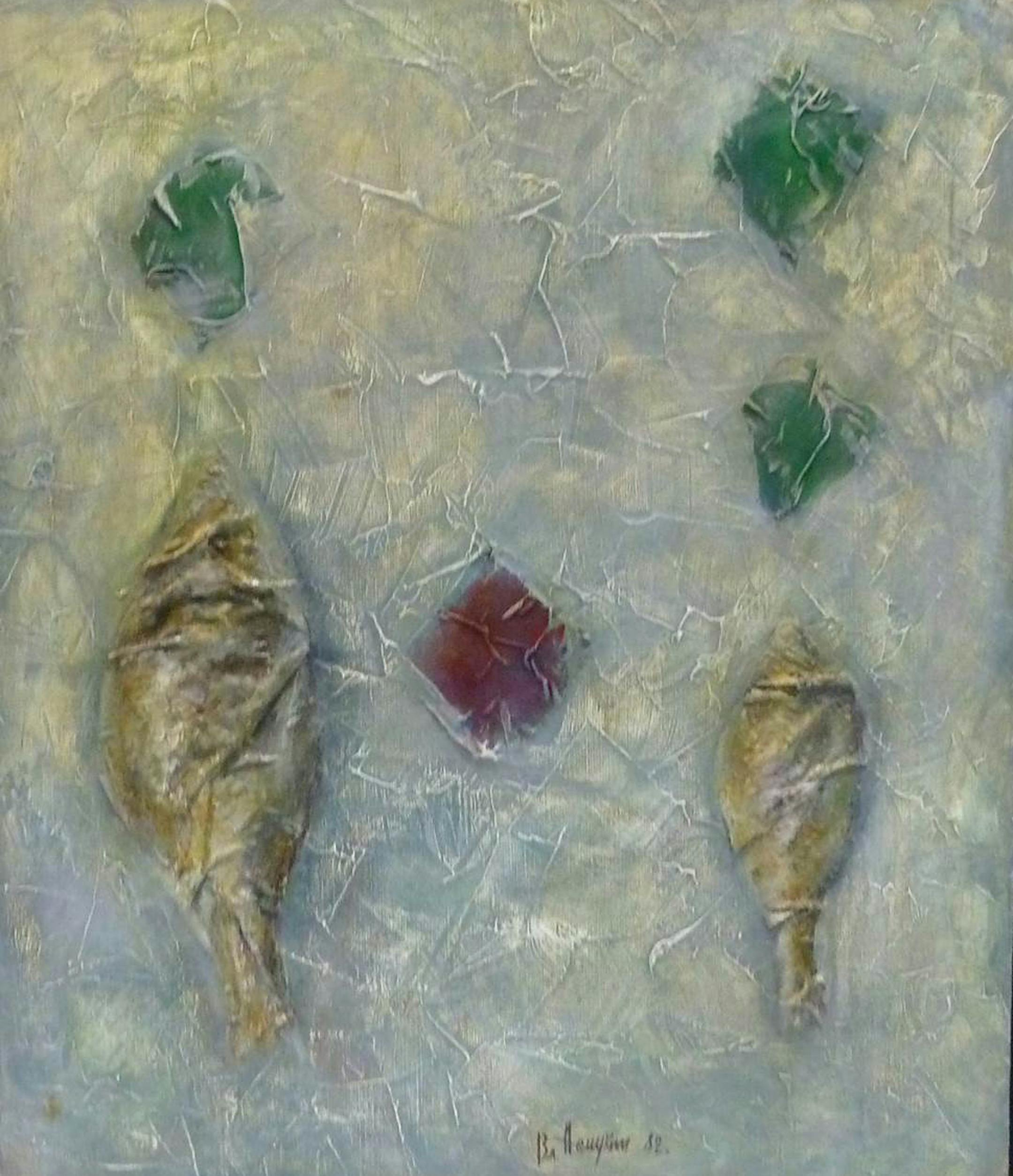 Vladimir Nemukhin. "Composition with Fish," 1982. Oil, collage, and cards. The Museum of Russian Art. Collection Gift of Yuri and Nelly Traisman and Kohler Foundation, Inc.