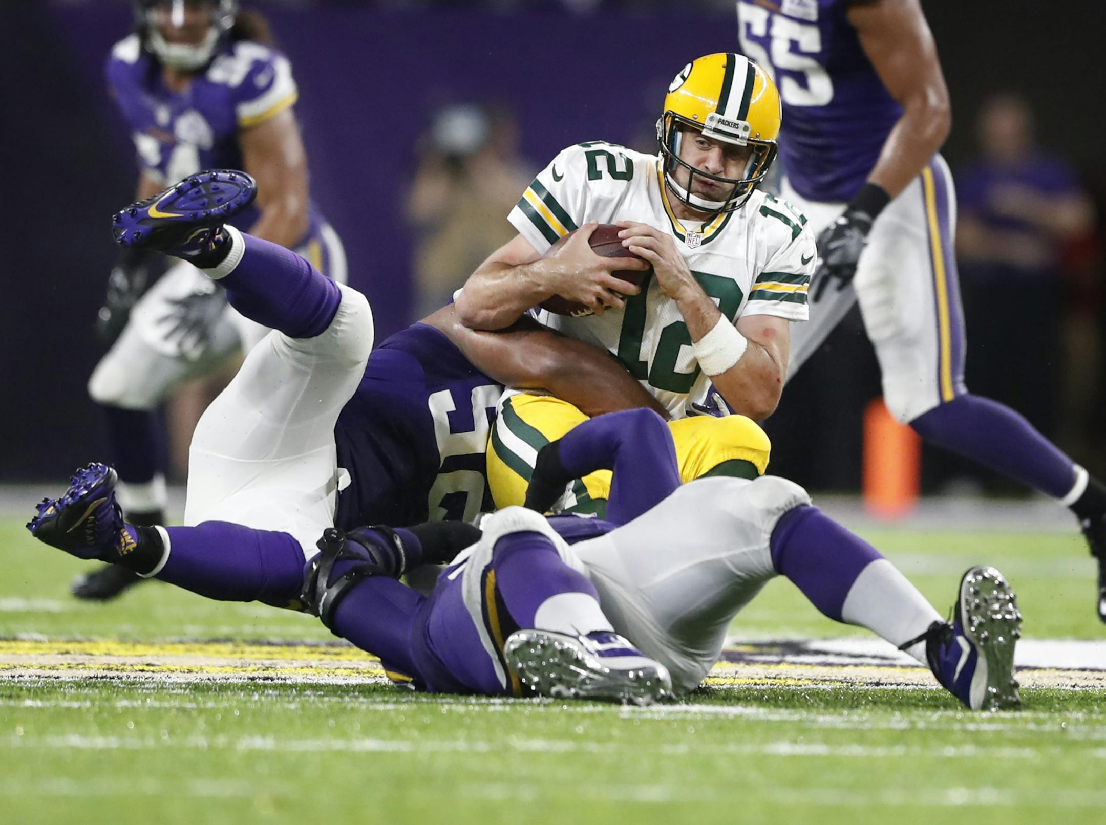 Minnesota Vikings defensive tackle Linval Joseph (98) sacked Aaron Rogers in the fourth quarter at U.S. Bank Stadium Sunday September 18 ,2016 in Minneapolis, MN.