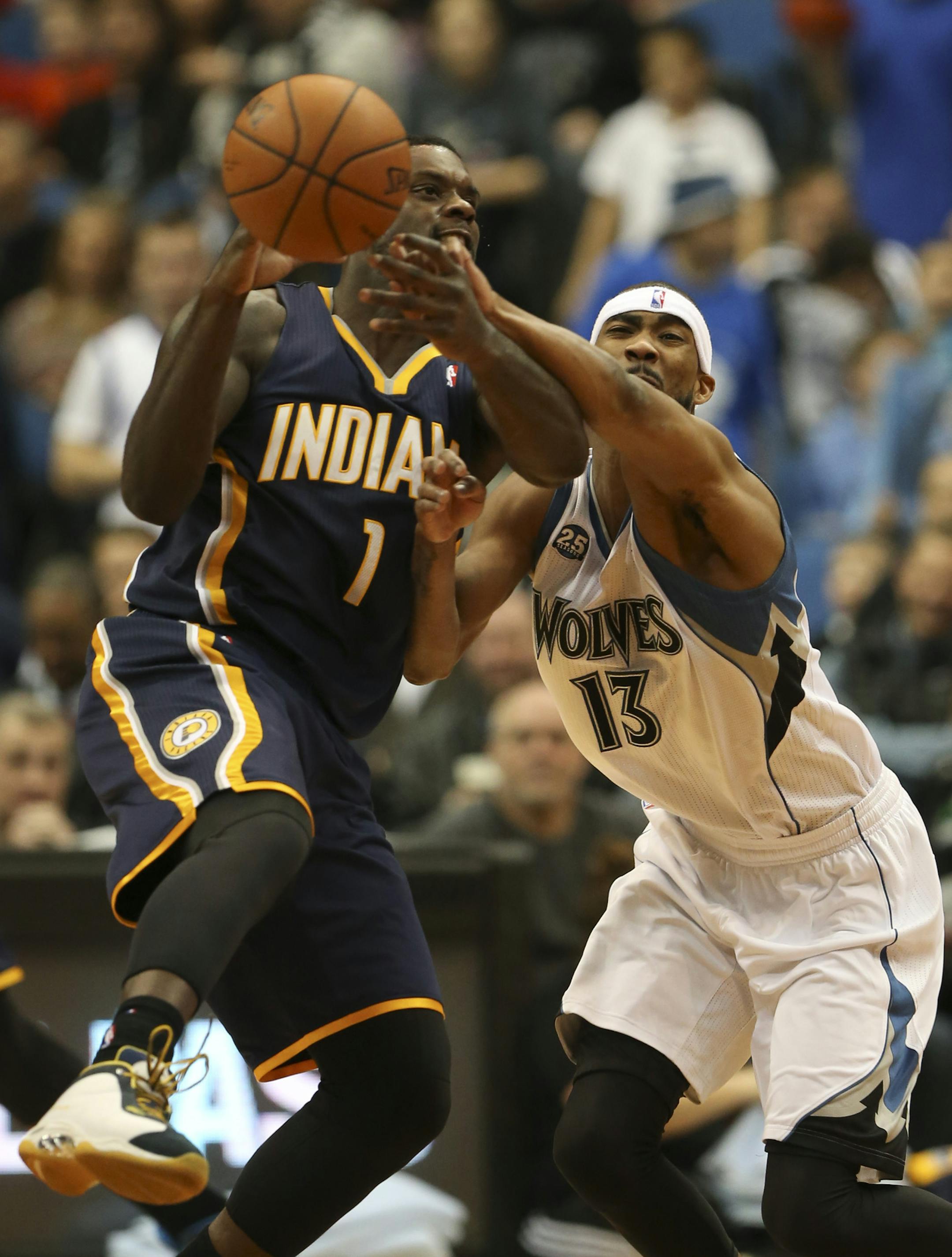 The Minnesota Timberwolves returned from the All-Star break and beat the Indiana Pacers 104-91 Wednesday night, February 19, 2014 at Target Center in Minneapolis. Minnesota's Corey Brewer stripped the ball from Indiana's Lance Stephenson in the fourth quarter. ] JEFF WHEELER &#x201a;&#xc4;&#xa2; jeff.wheeler@startribune.com
