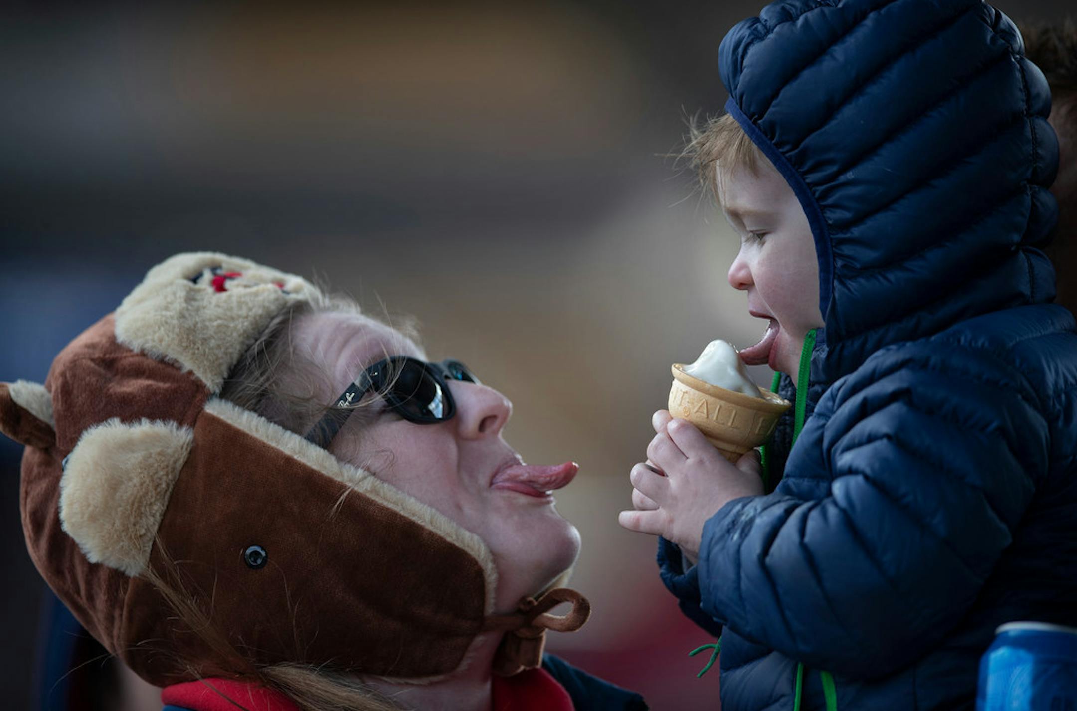 Twins fans Erin Gappa and son Edison Gappa enjoyed ice cream while standing in the upper deck Thursday at Target Field on Opening Day vs. Cleveland.