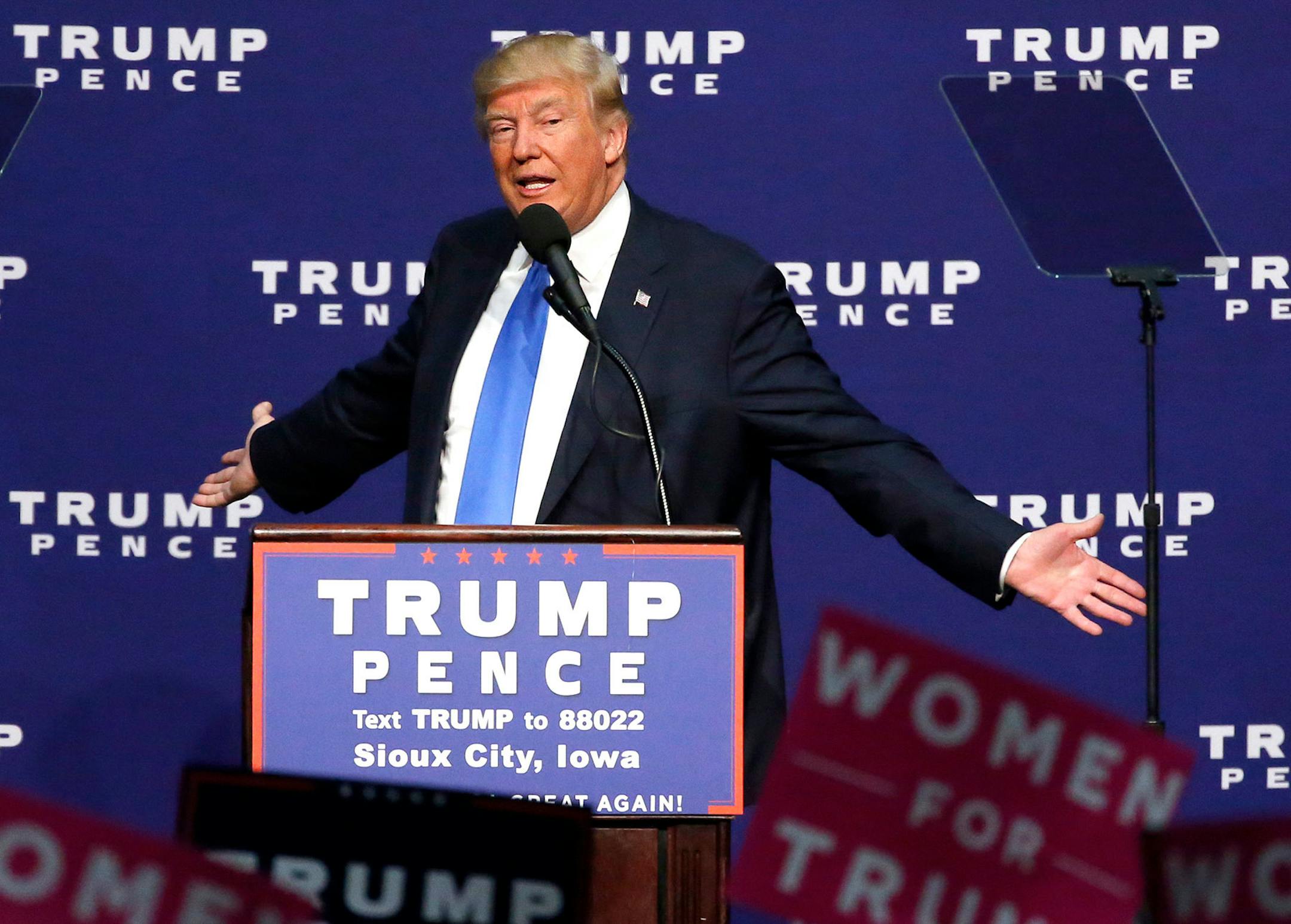 Republican presidential candidate Donald Trump speaks at a campaign rally in Sioux City, Iowa, Sunday, Nov. 6, 2016.