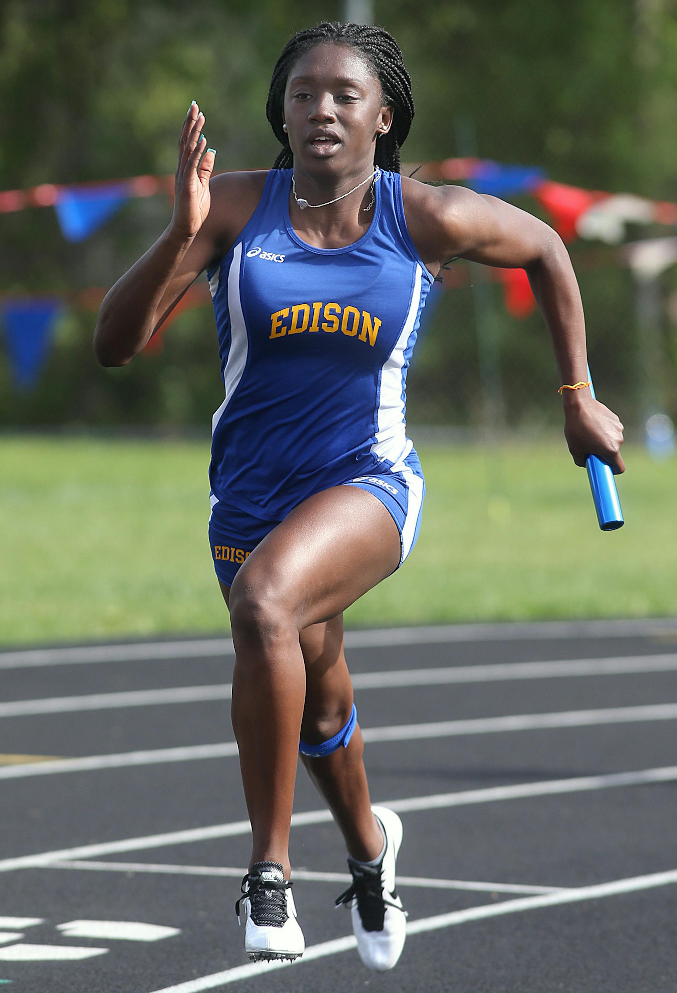 Edison High School sprinter Jada Lewis ran in the 4 x 100m Relay event. ] JIM GEHRZ ï james.gehrz@startribune.com / Minneapolis, MN / May 15, 2015 / 10:00 AM ñ BACKGROUND INFORMATION: Feature on Minneapolis Edison sisters Jada Lewis (10th grade) and Jia Lewis (9th). The sprinters combined to win the Class 1A track and field state title for Edison last spring. Looking at what that victory did for the school and program and what more is to come for the youngsters.