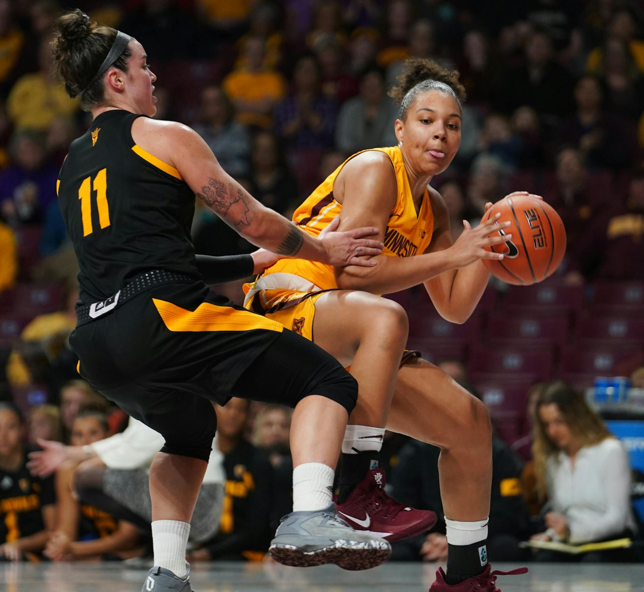 The Gophers' Destiny Pitts (3) drives against Arizona State's Robby Ryan (11) on Sunday, Nov. 17, 2019, at Williams Arena in Minneapolis. The Gophers won 86-66.