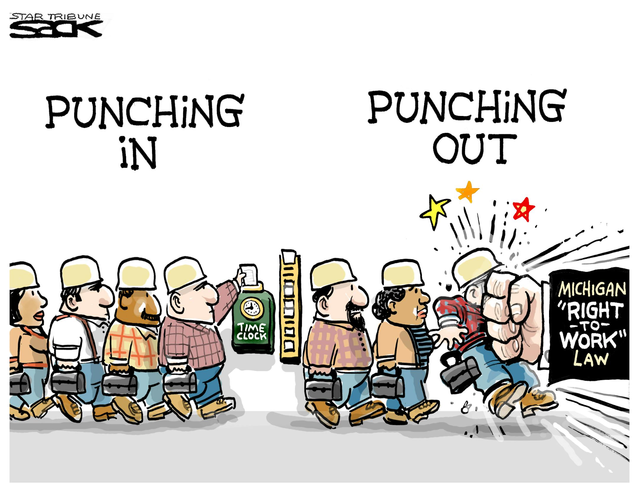 Steve Sack cartoon for Dec. 12, 2012. Topic: Michigan Gov. Rick Snyder signed two right-to-work bills into law on Dec. 11. They ban mandatory union membership.
