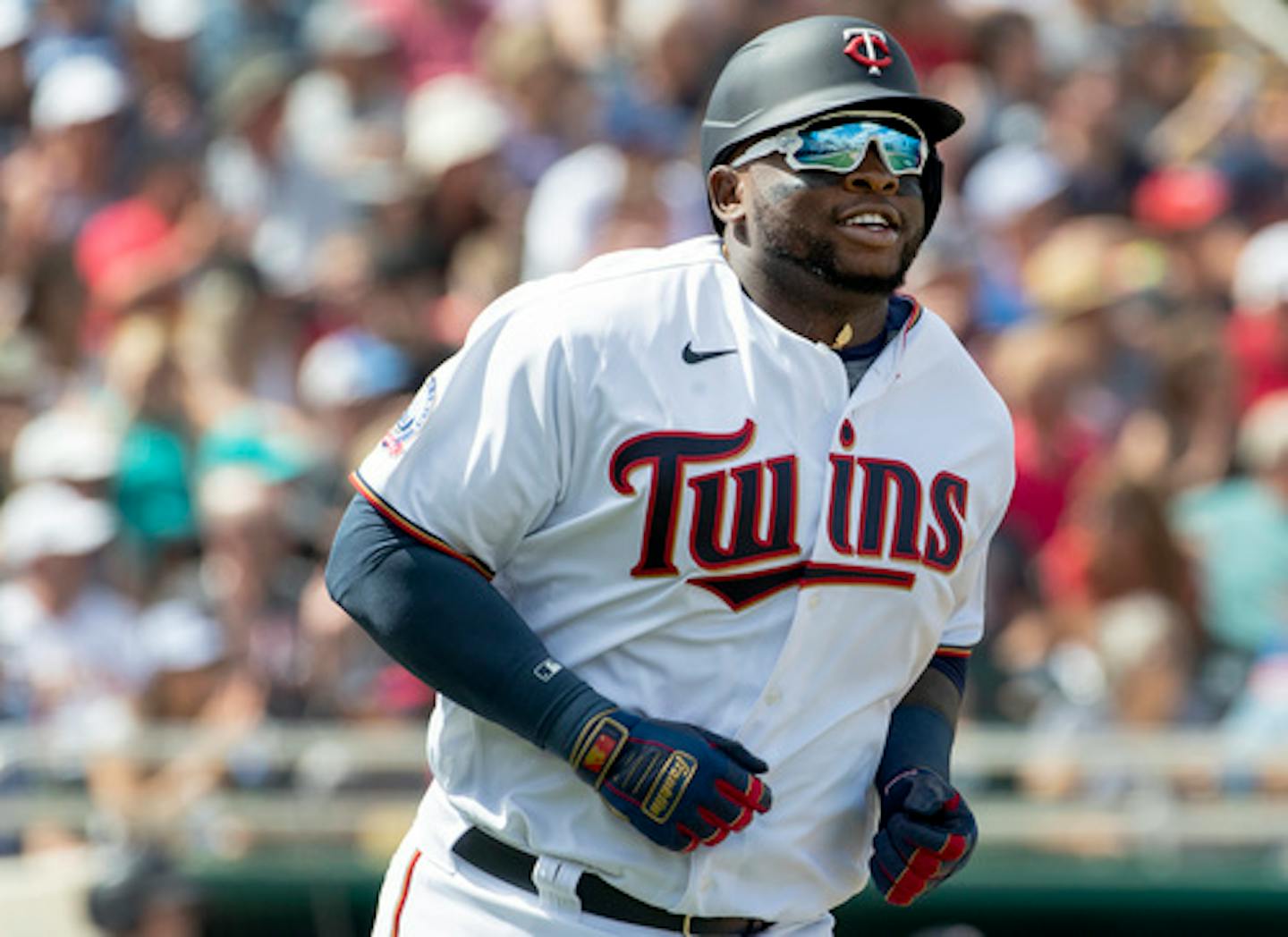 Minnesota Twins' Miguel Sano runs to first base after a single in the second inning against the Toronto Blue Jays on Sunday, Feb. 23, 2020 at CenturyLink Sports Complex, Hammond Stadium in Fort Myers, Fla.