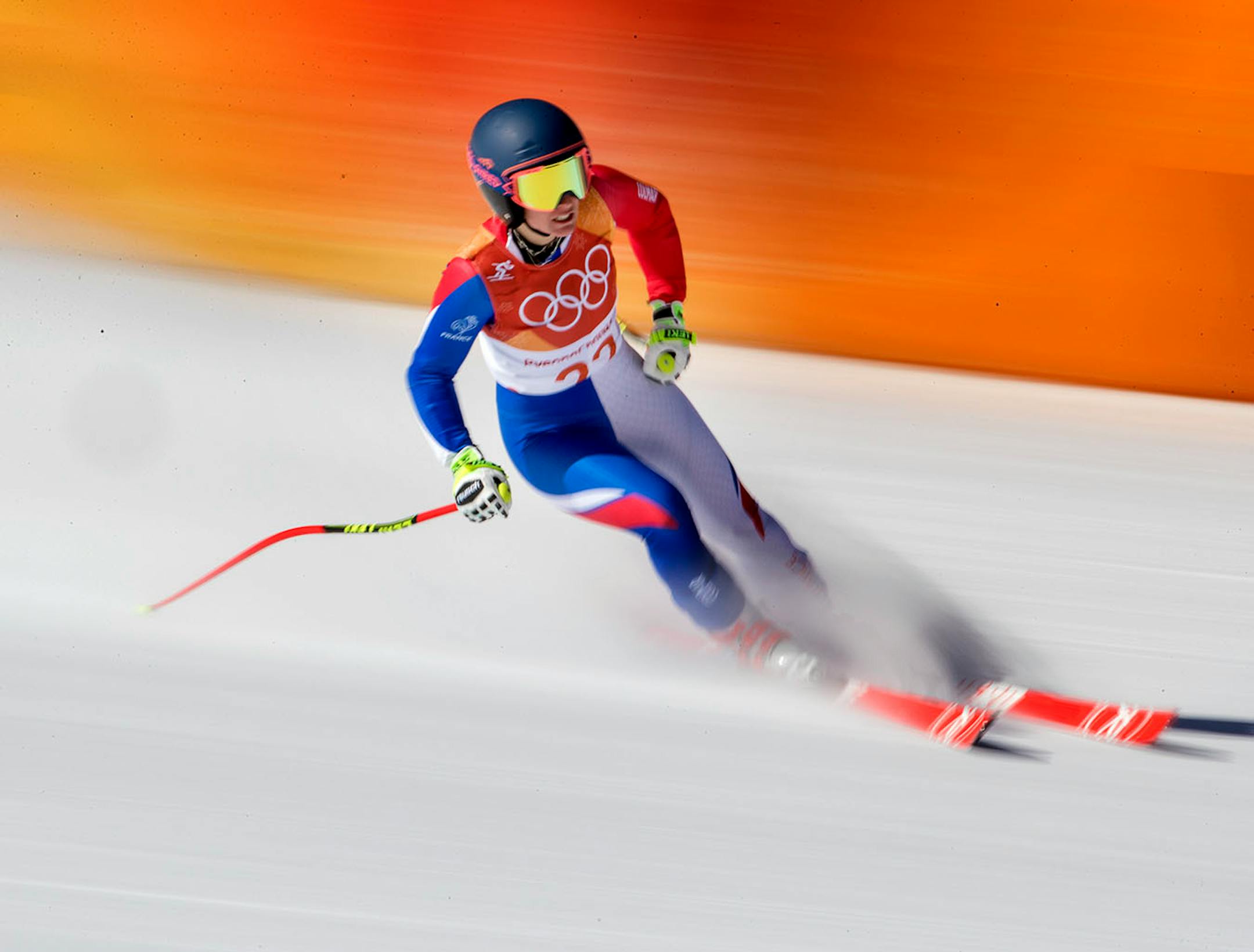 Jennifer Piot of France slowed down after her run at the women's Super-G at Jeongseon Alpine Centre on Saturday.