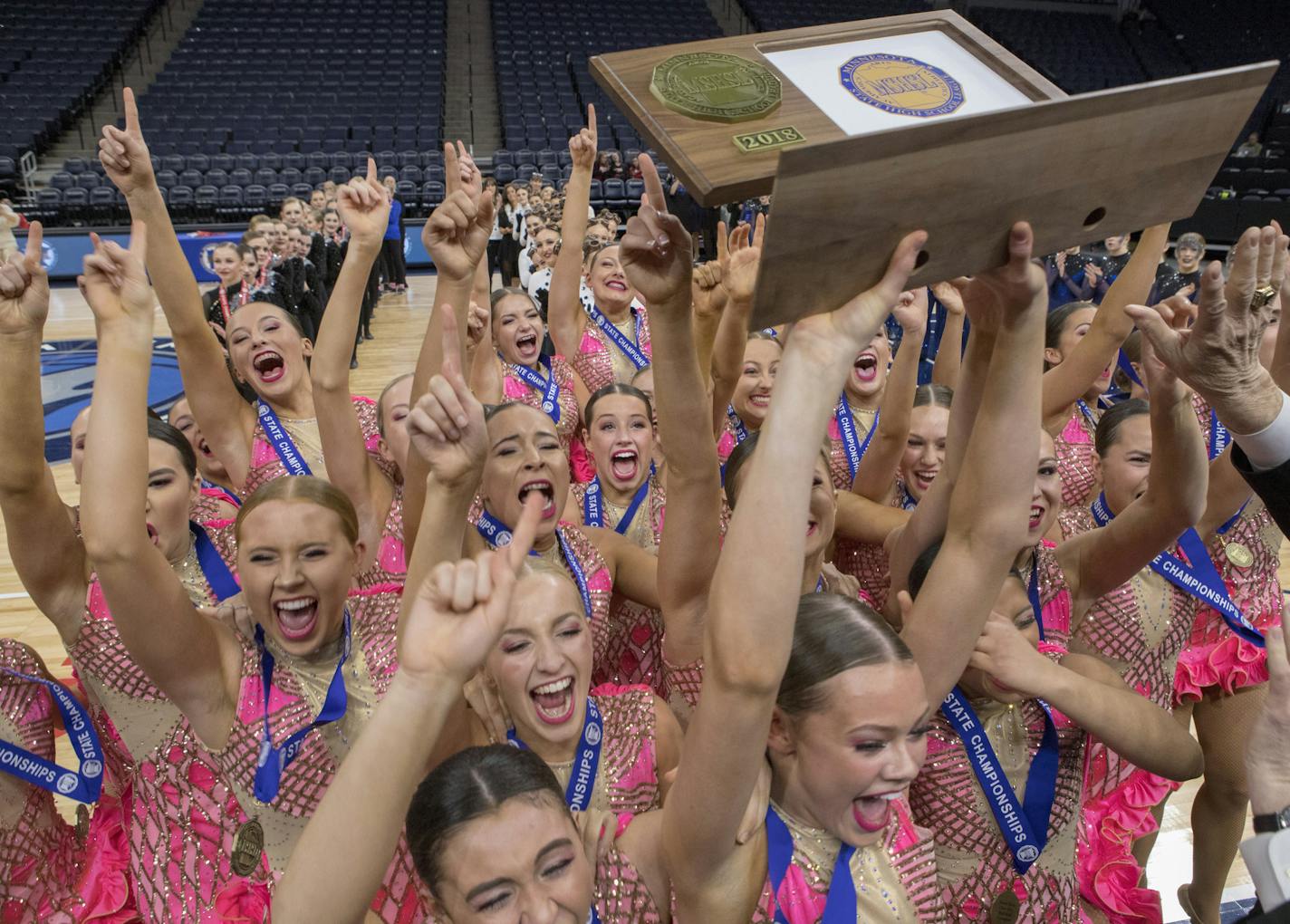 The Eastview Dance Team celebrates winning the Class 3A State Title at the 2018 MSHSL High Kick Tournament. [ Special to Star Tribune, photo by Matt Blewett, Matte B Photography, matt@mattebphoto.com, 2018 Minnesota State High School League Dance Team Tournament, February 17, 2018, Target Center, Minneapolis, Minnesota, SAXO 1005485316 PREP021818