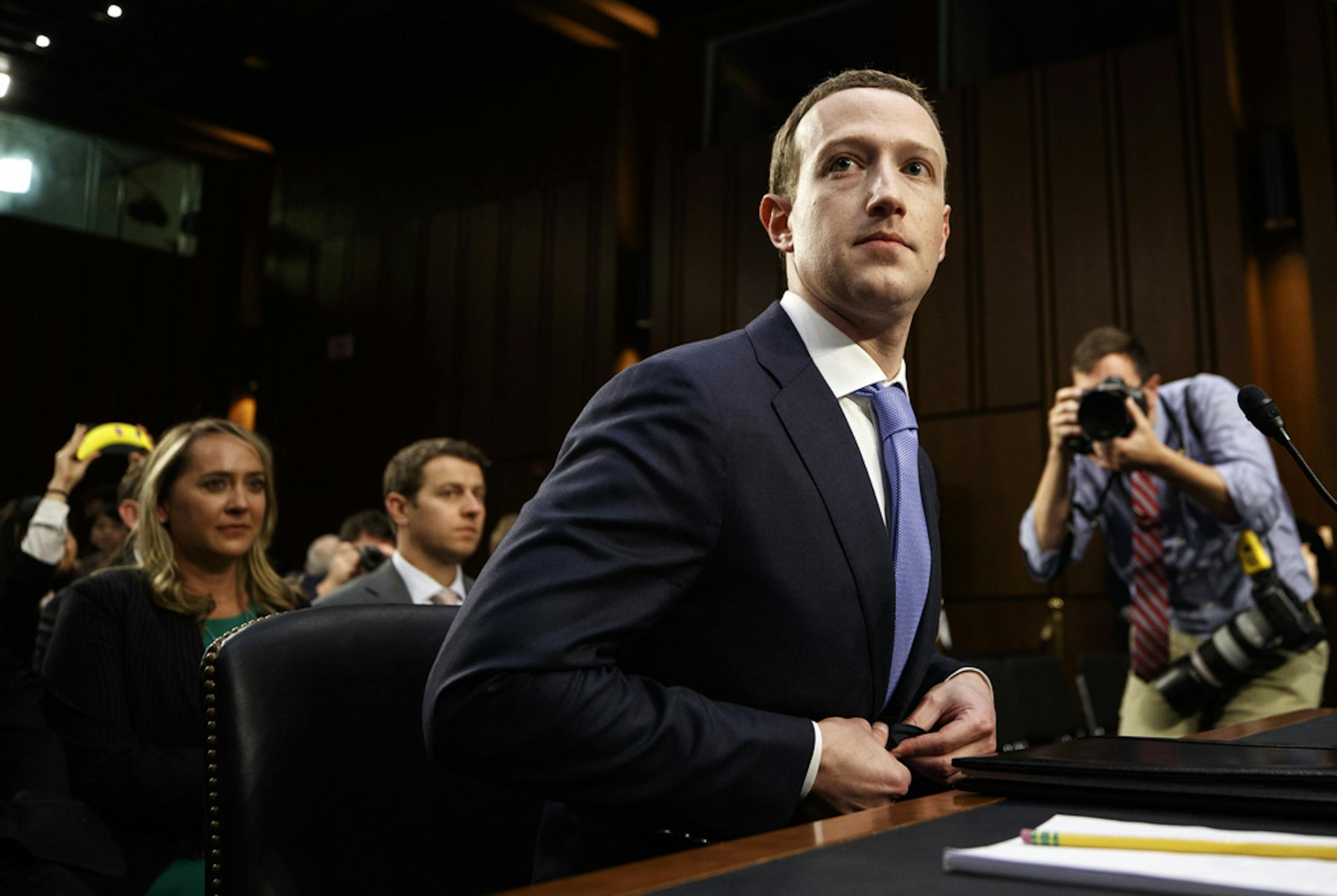 FILE -- Mark Zuckerberg, Facebook’s chief executive, at a Senate hearing in Washington, April 10, 2018. (Tom Brenner/The New York Times)