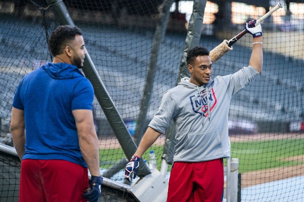 Minnesota Twins designated hitter Nelson Cruz (23), left, and Minnesota Twins shortstop Jorge Polanco (11) warmed up for batting practice during the T