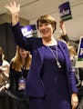 Sen. Amy Klobuchar arrives at the Intercontinental Hotel in St. Paul, Minn., at DFL headquarters election party on Tuesday, Nov. 6, 2018. (Aaron Lavin